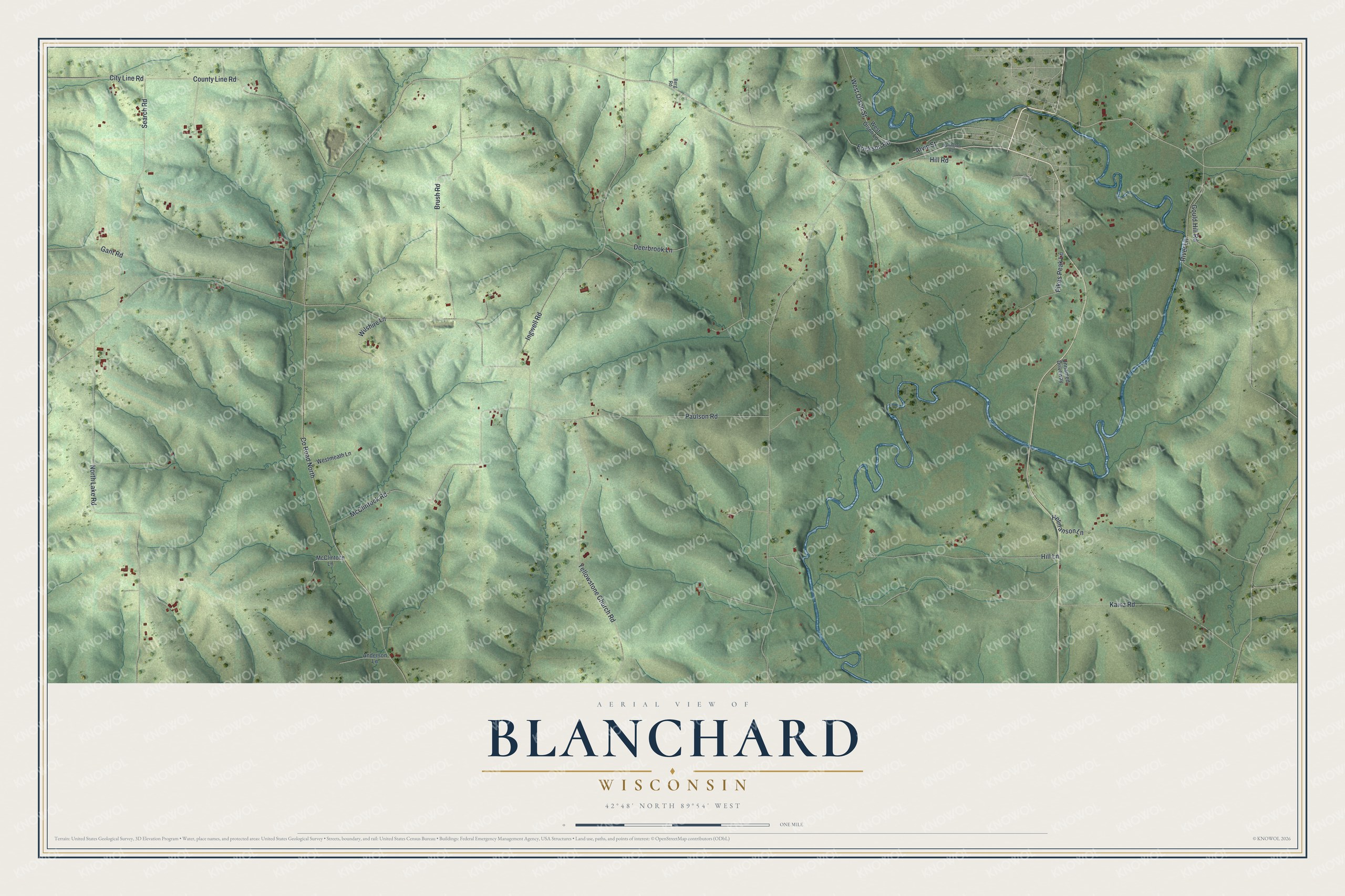 Full map of Blanchard, Wisconsin, with red buildings, printed street names and the land around them