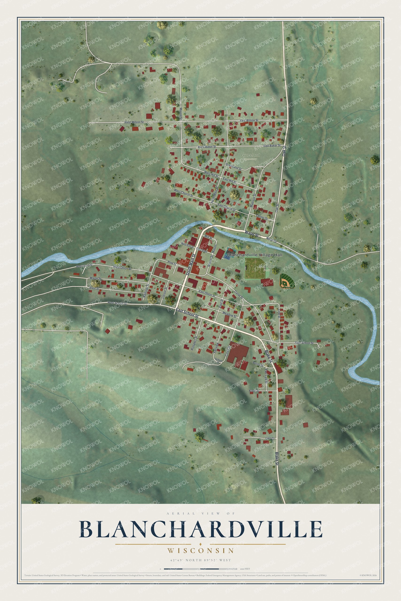 Full map of Blanchardville, Wisconsin, with red buildings, printed street names and the land around them