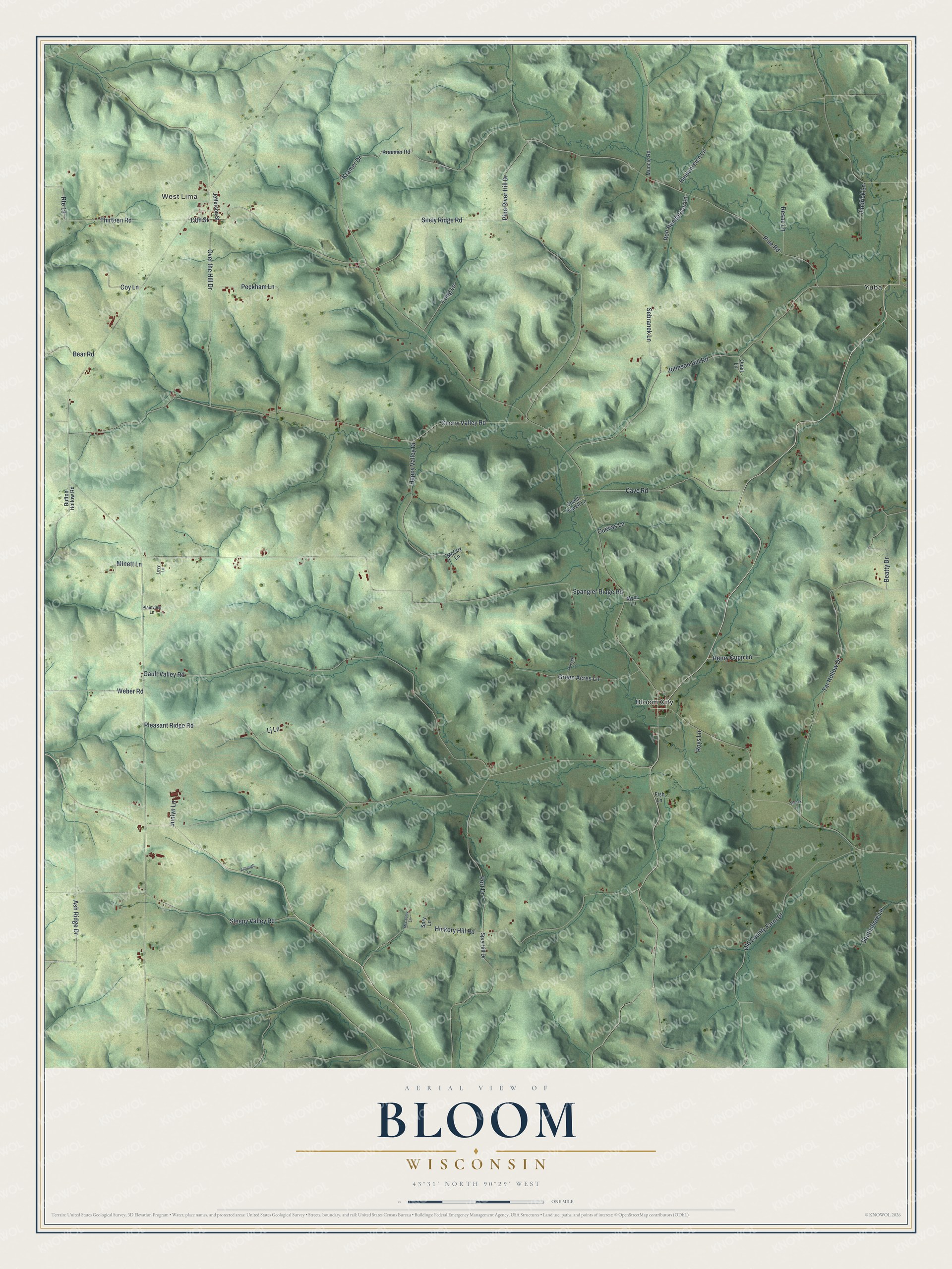 Full map of Bloom, Wisconsin, with red buildings, printed street names and the land around them