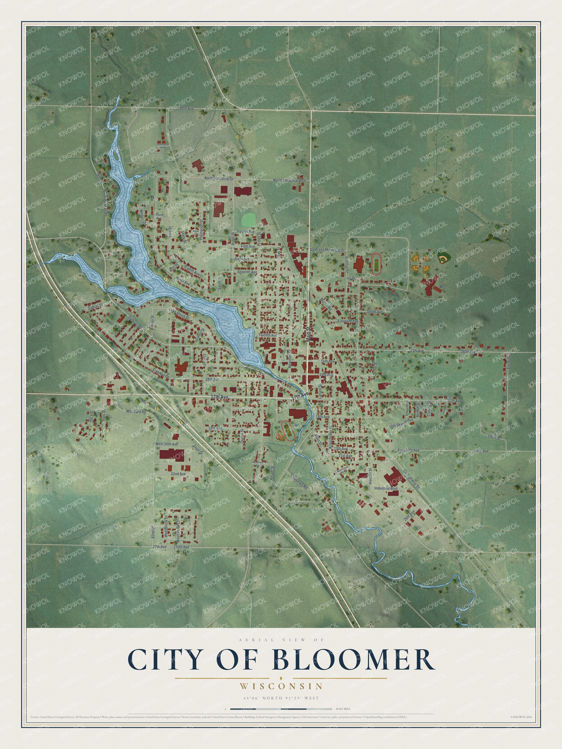 Full map of Bloomer, Wisconsin, with red buildings, printed street names and the land around them