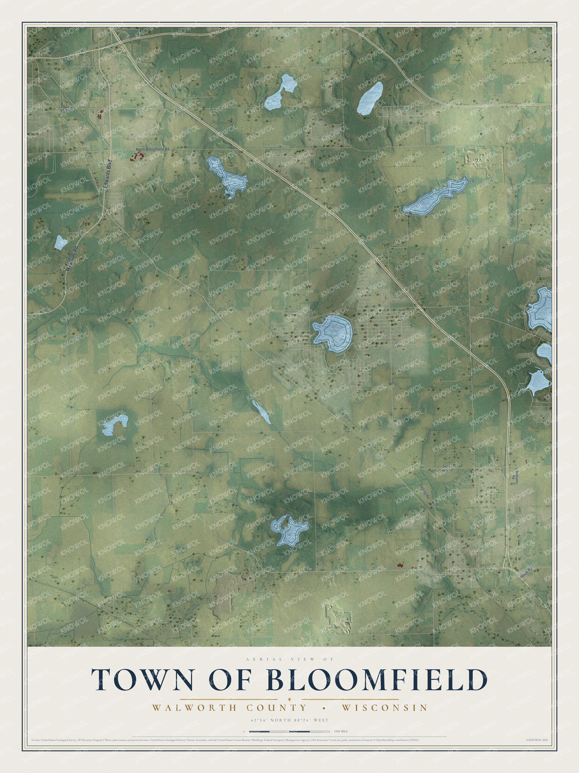 Full map of Bloomfield, Wisconsin, with red buildings, printed street names and the land around them