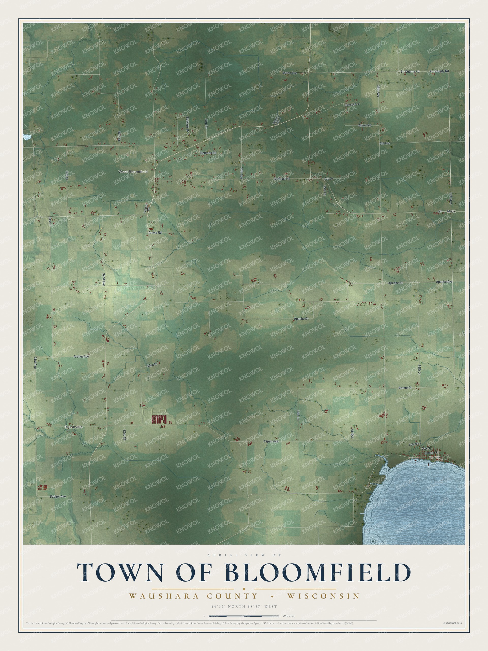 Full map of Bloomfield, Wisconsin, with red buildings, printed street names and the land around them