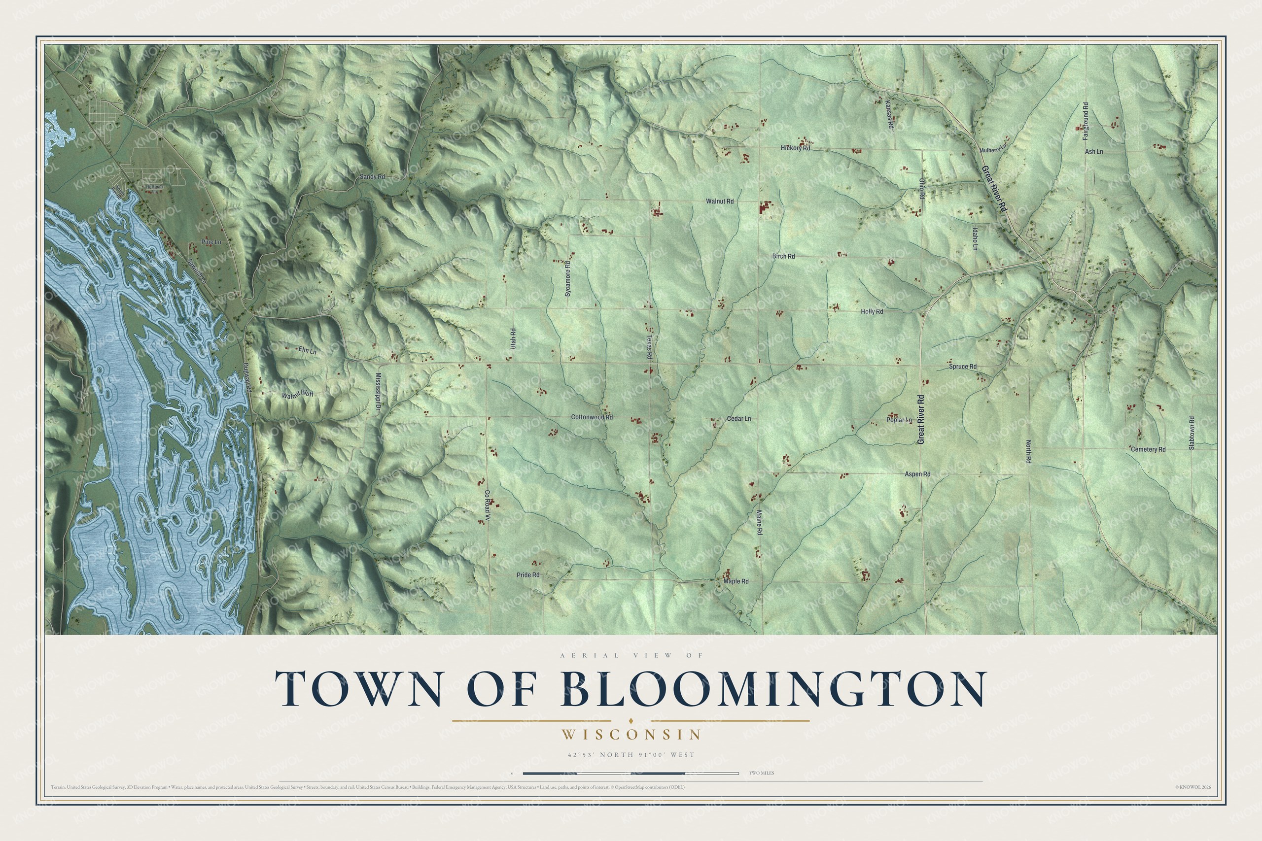 Full map of Bloomington, Wisconsin, with red buildings, printed street names and the land around them