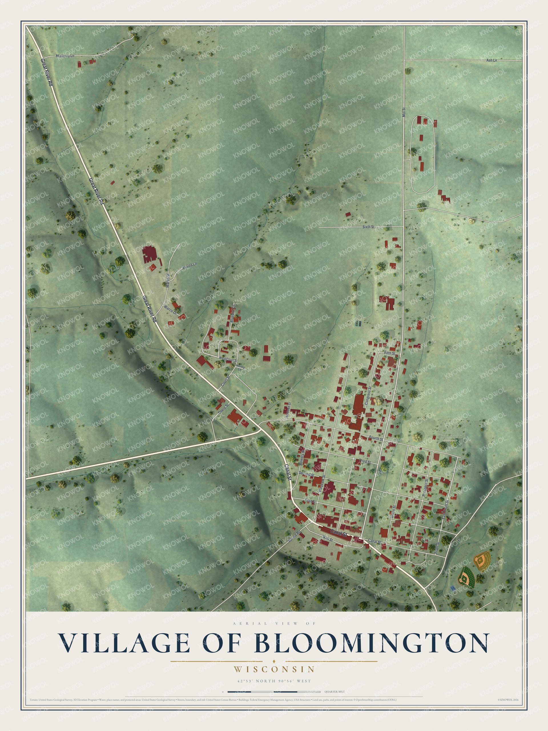 Full map of Bloomington, Wisconsin, with red buildings, printed street names and the land around them