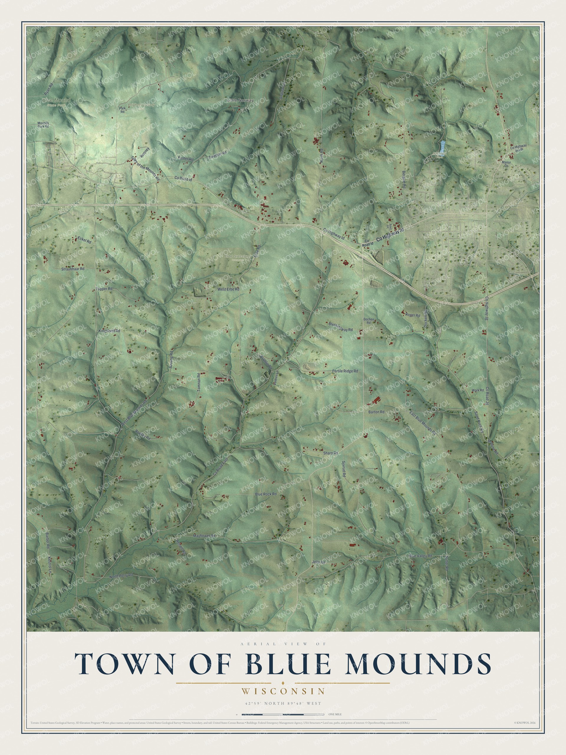 Full map of Blue Mounds, Wisconsin, with red buildings, printed street names and the land around them