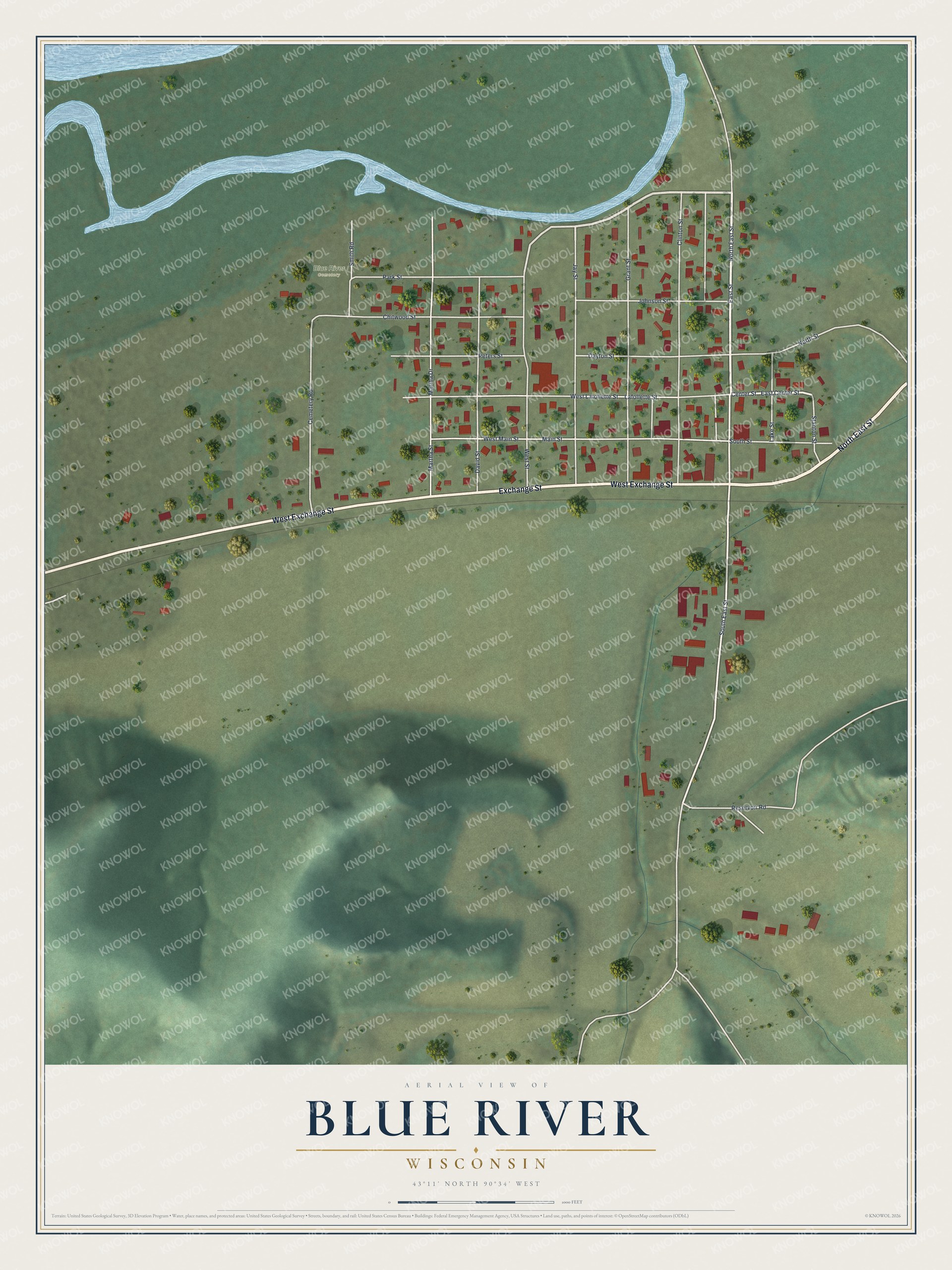 Full map of Blue River, Wisconsin, with red buildings, printed street names and the land around them