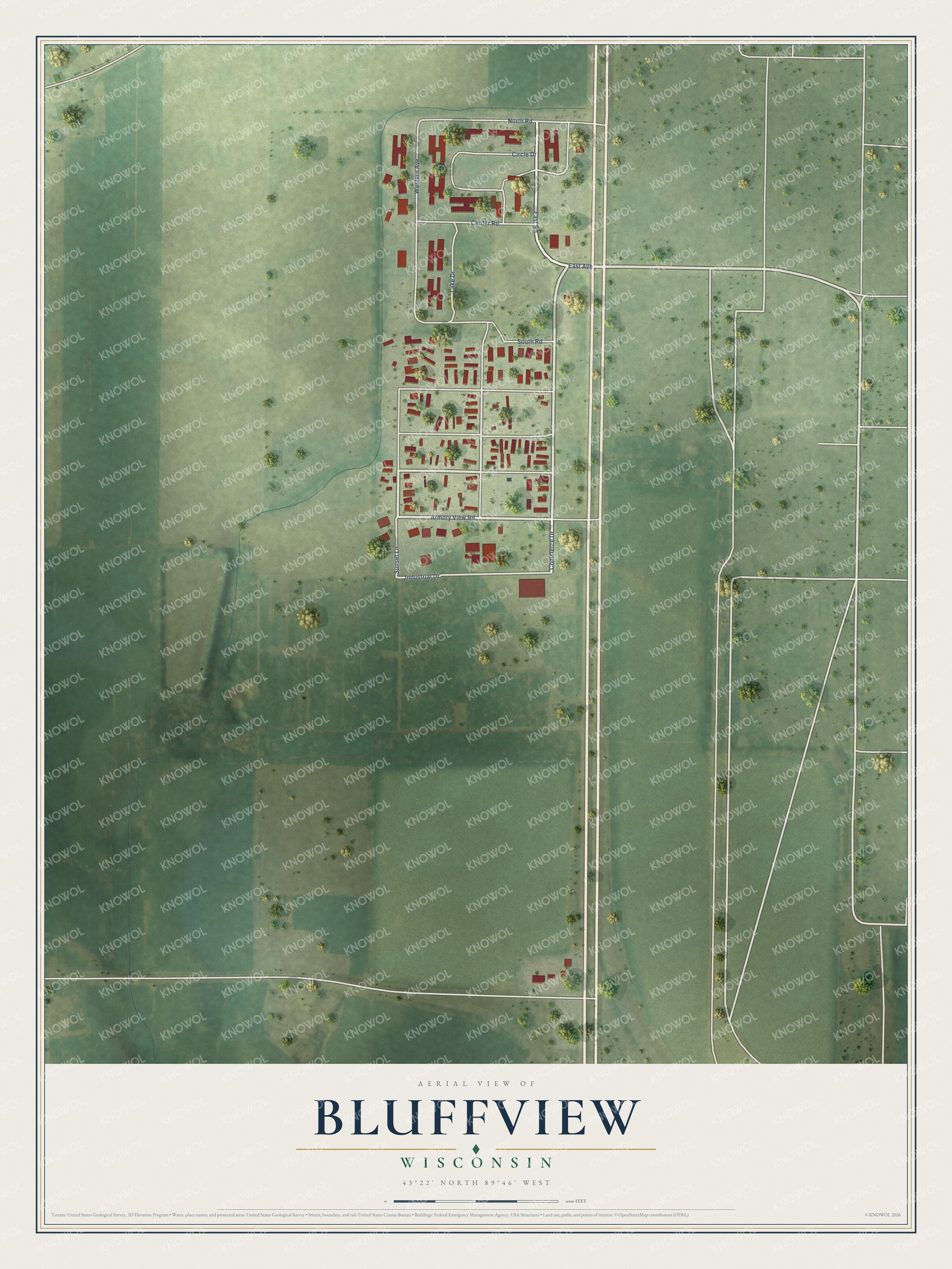 Full map of Bluffview, Wisconsin, with red buildings, printed street names and the land around them