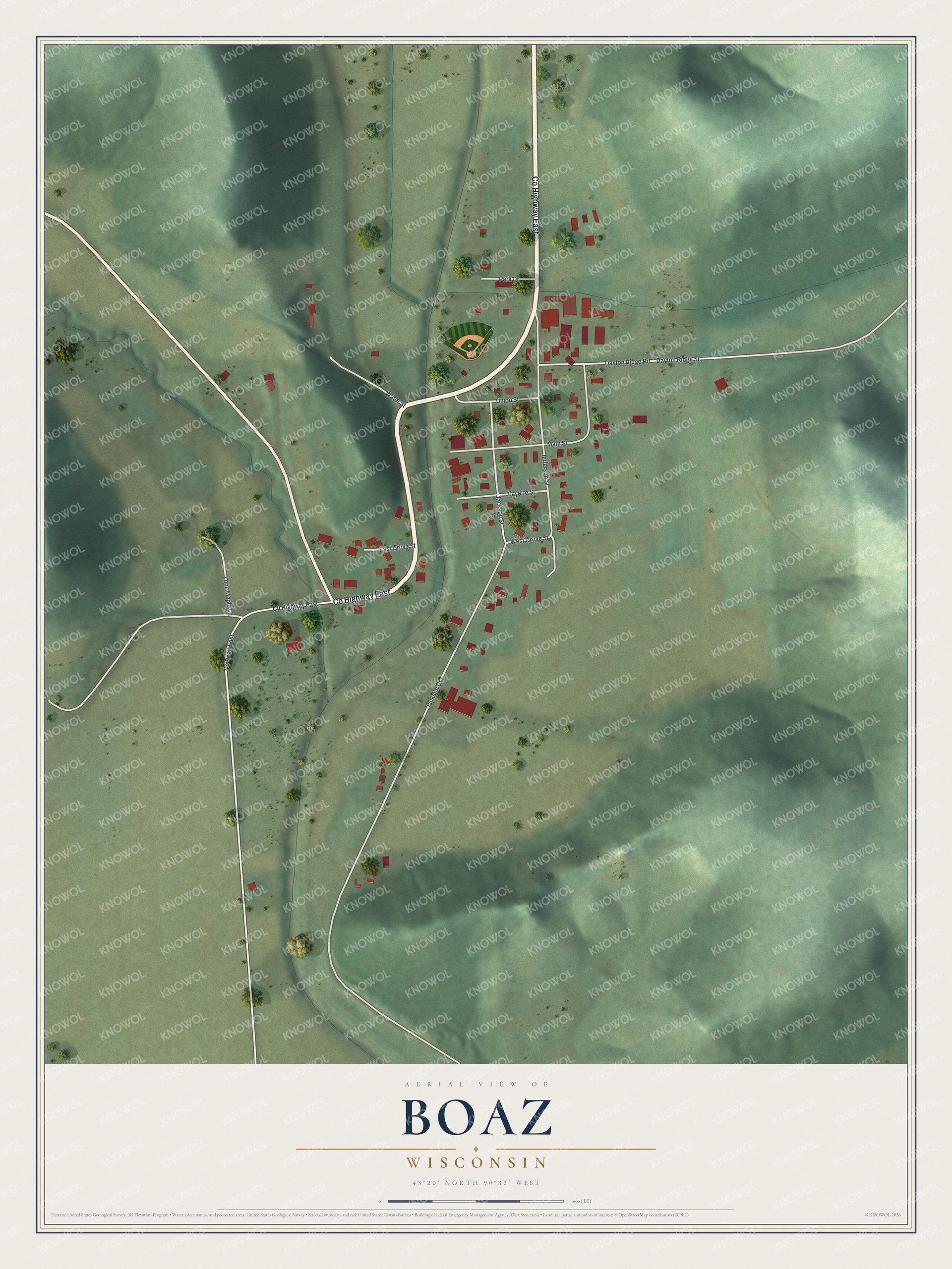 Full map of Boaz, Wisconsin, with red buildings, printed street names and the land around them