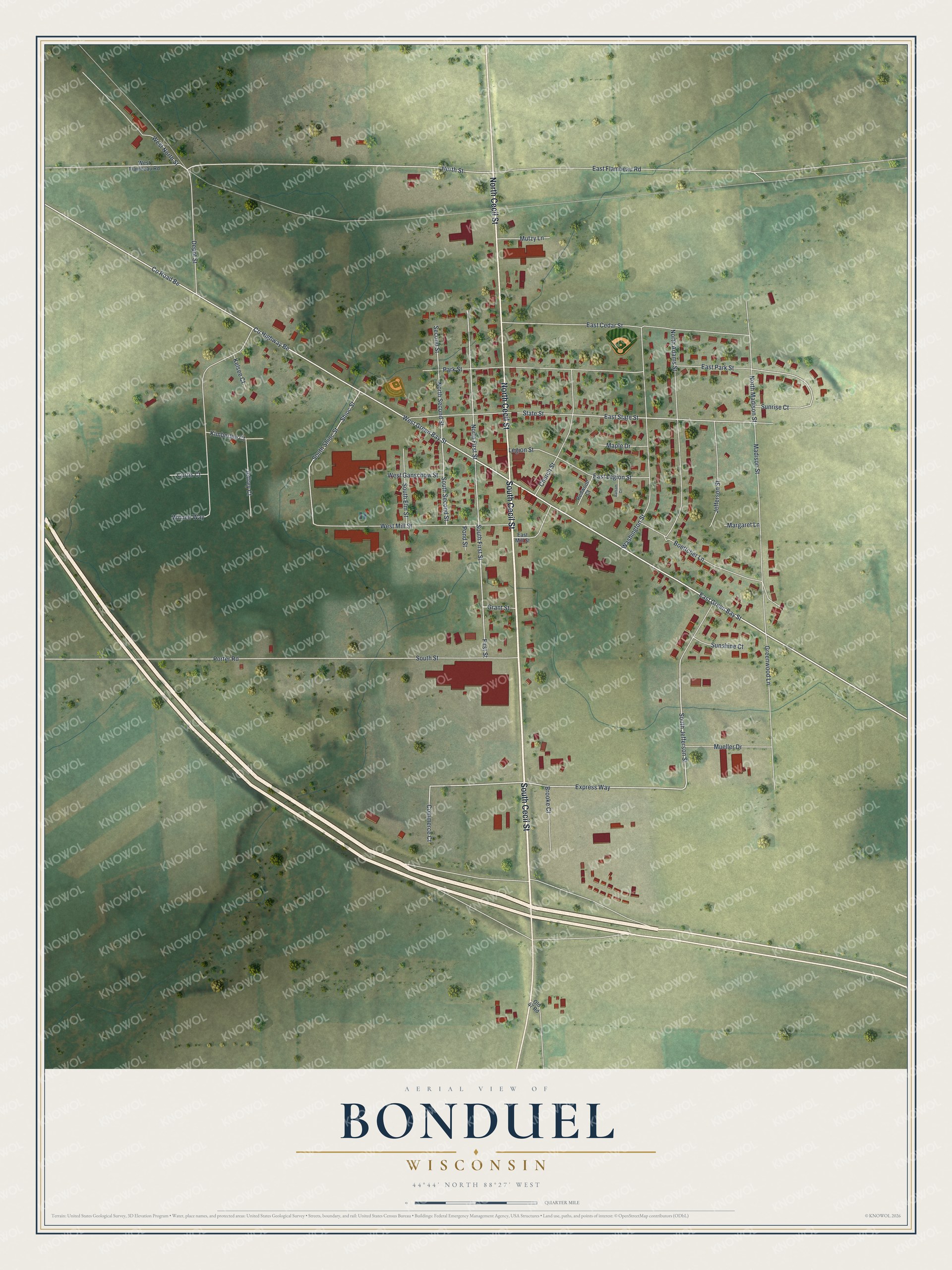 Full map of Bonduel, Wisconsin, with red buildings, printed street names and the land around them