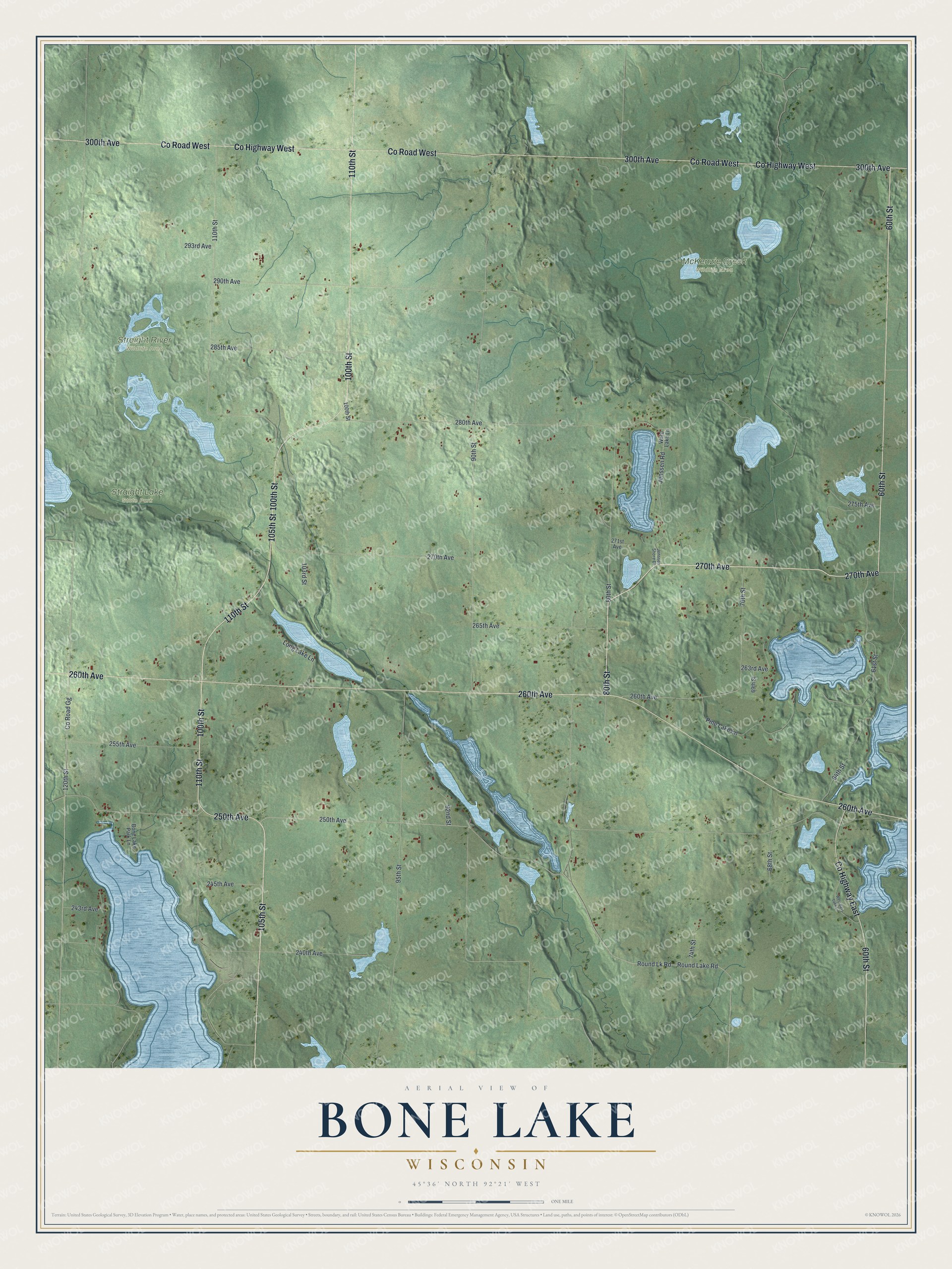Full map of Bone Lake, Wisconsin, with red buildings, printed street names and the land around them