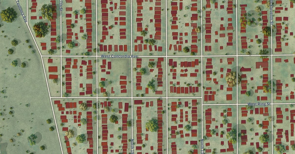 Close-up of streets and buildings in Borchert Field, Wisconsin