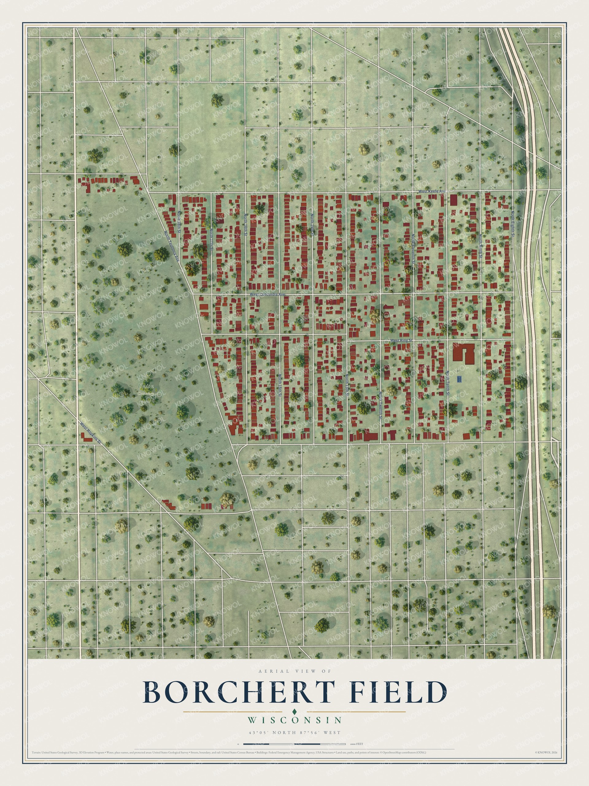 Full map of Borchert Field, Wisconsin, with red buildings, printed street names and the land around them