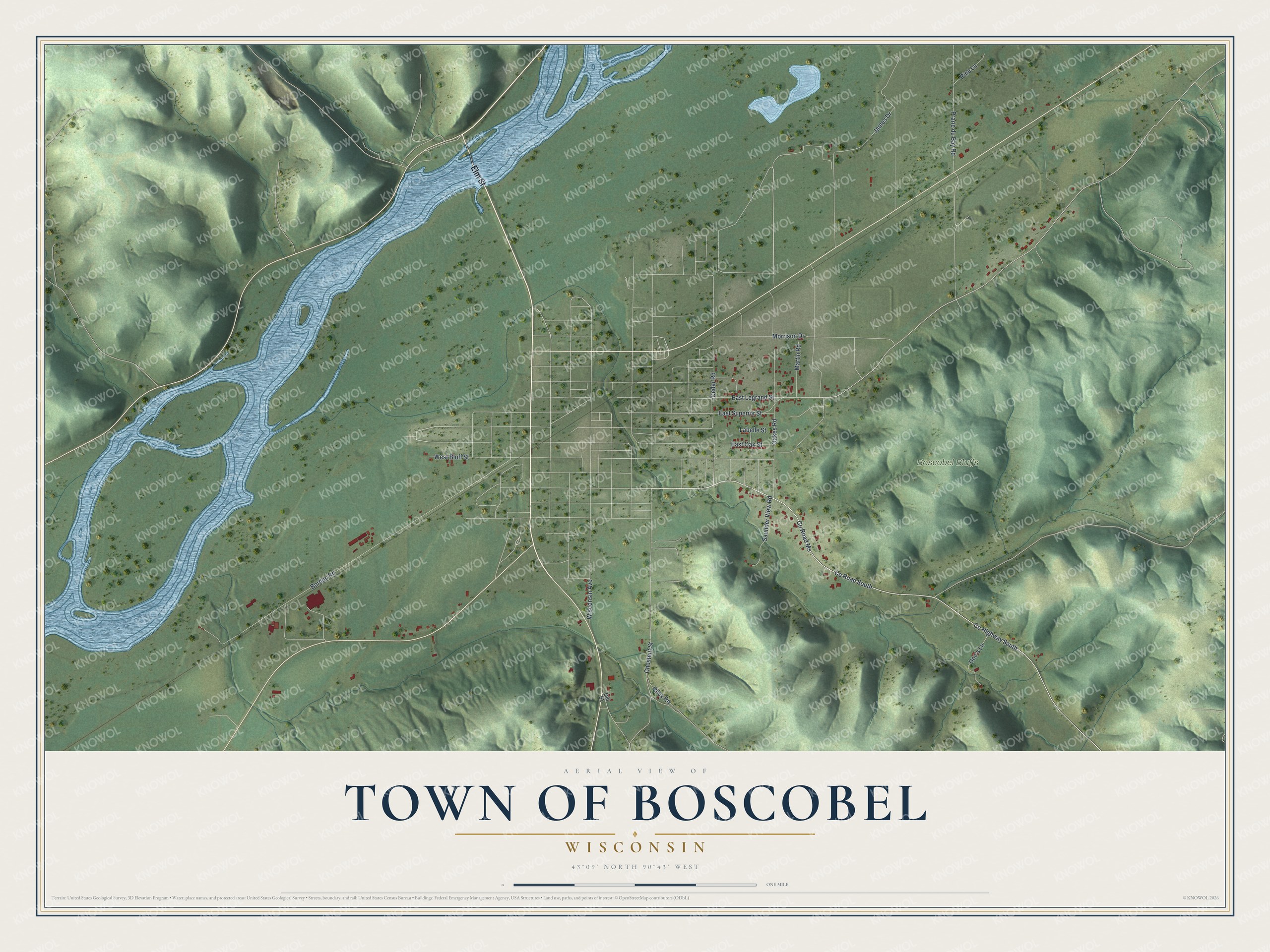 Full map of Boscobel, Wisconsin, with red buildings, printed street names and the land around them