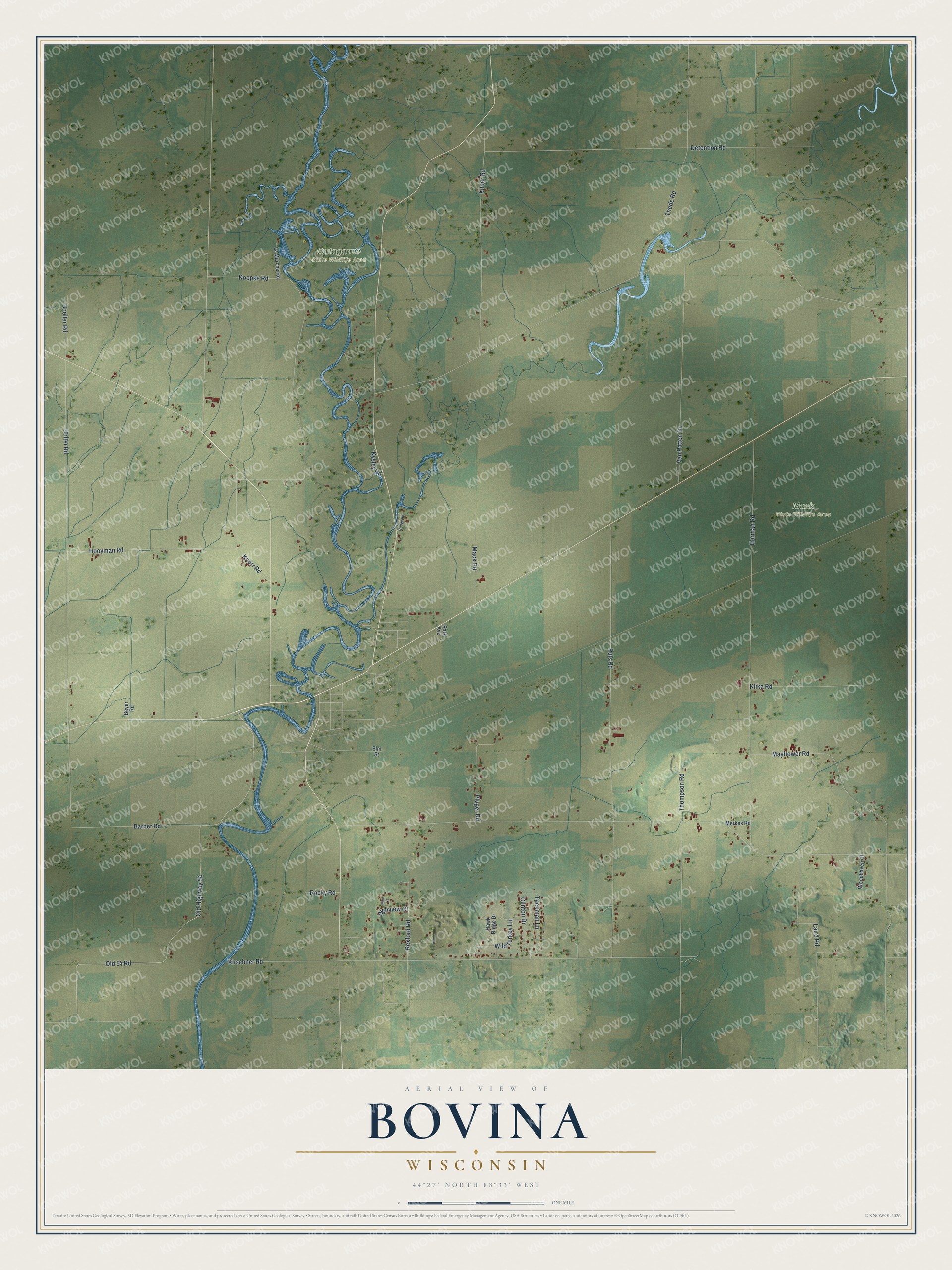 Full map of Bovina, Wisconsin, with red buildings, printed street names and the land around them