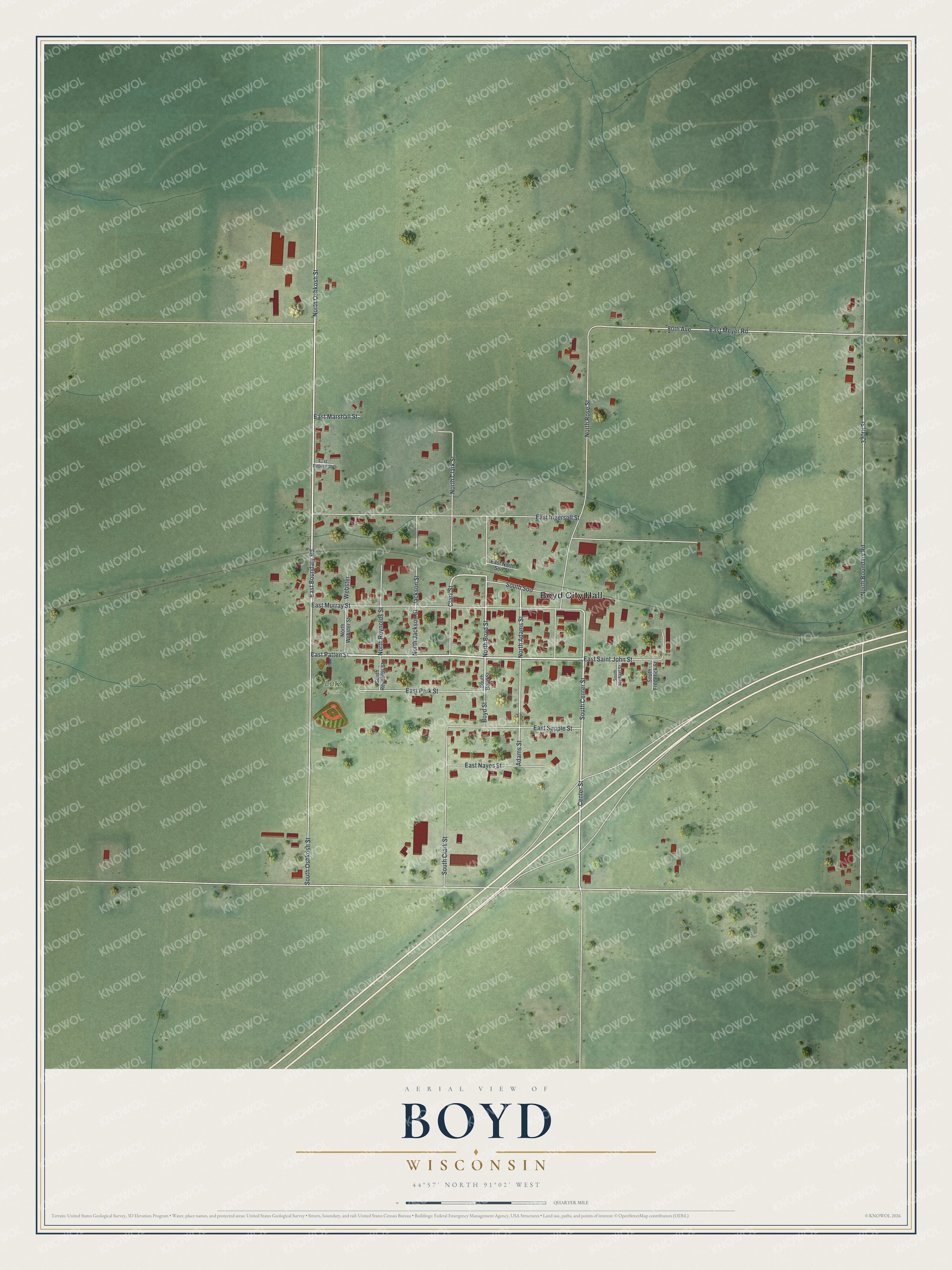 Full map of Boyd, Wisconsin, with red buildings, printed street names and the land around them