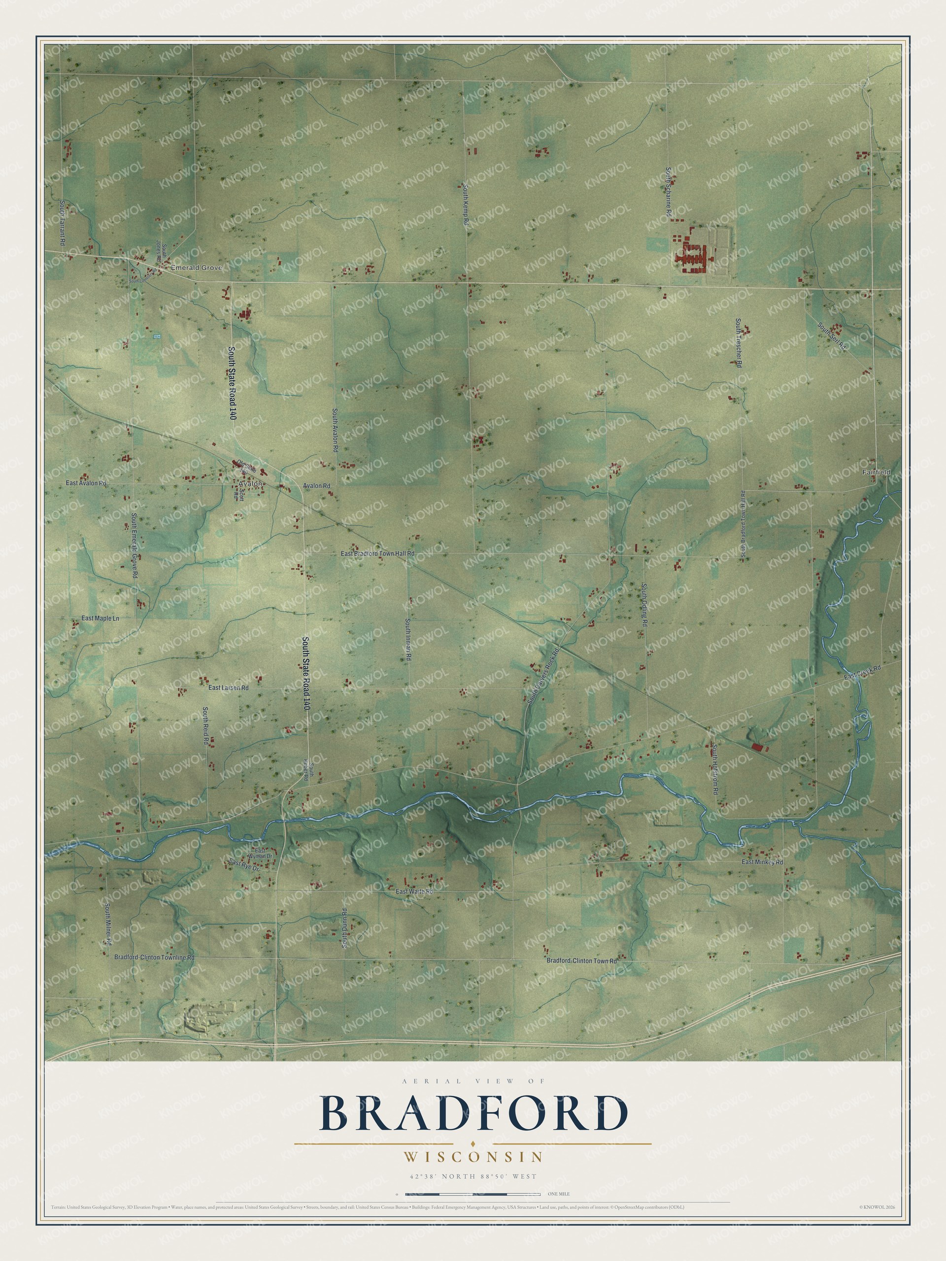 Full map of Bradford, Wisconsin, with red buildings, printed street names and the land around them