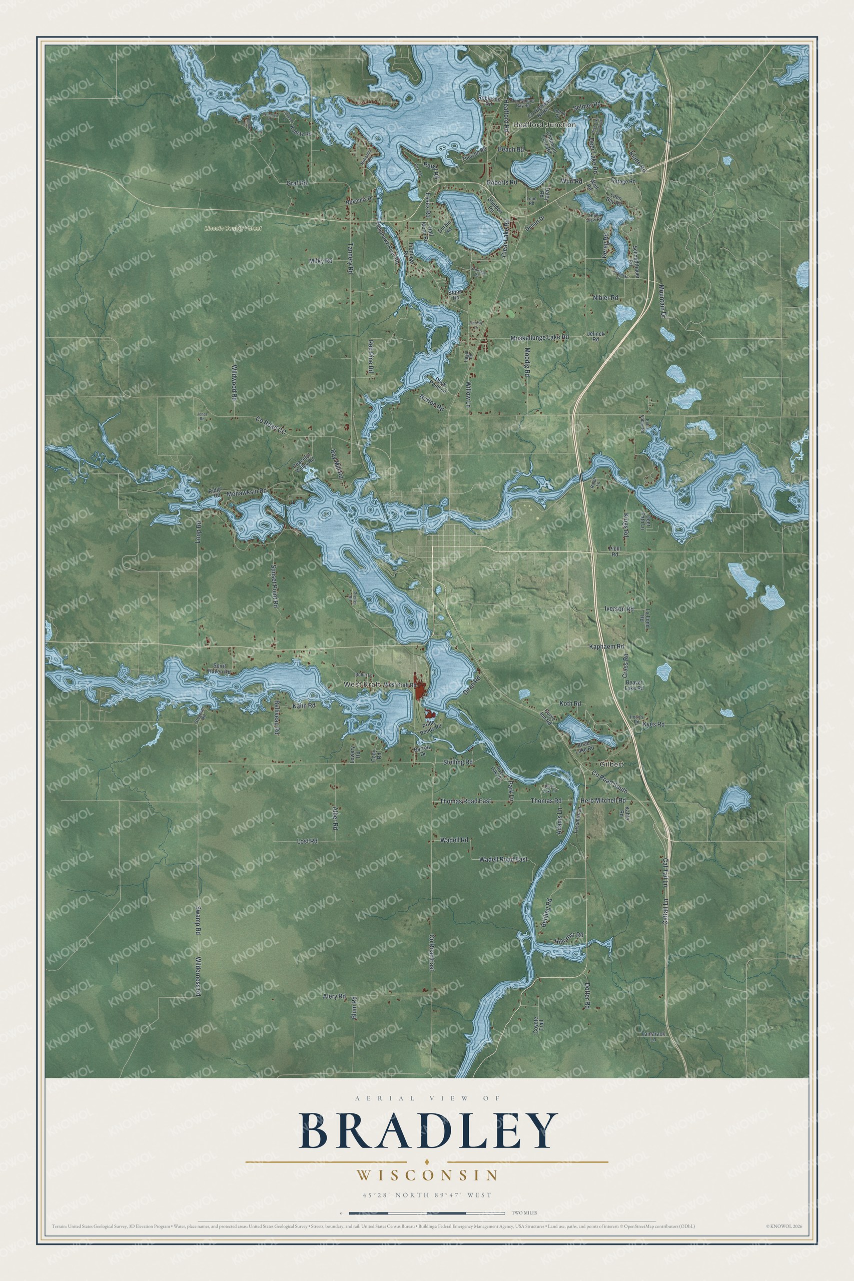 Full map of Bradley, Wisconsin, with red buildings, printed street names and the land around them