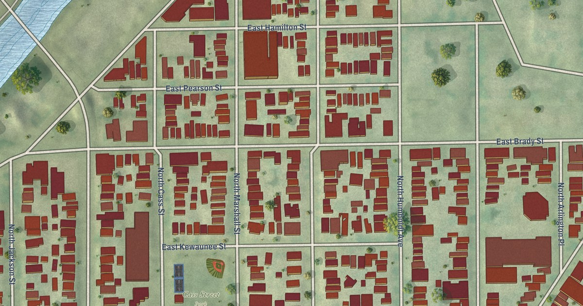 Close-up of streets and buildings in Brady Street, Wisconsin