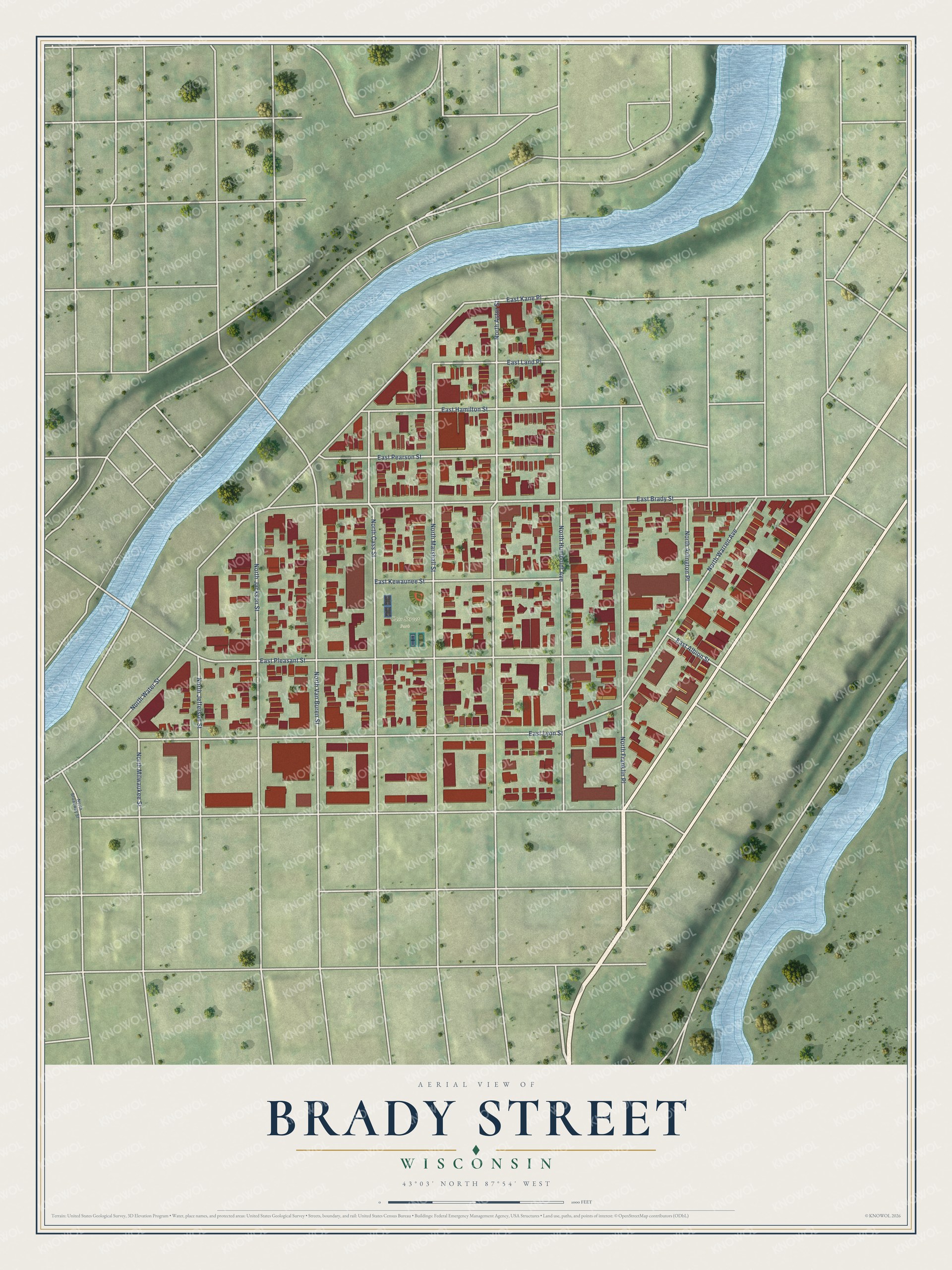 Full map of Brady Street, Wisconsin, with red buildings, printed street names and the land around them