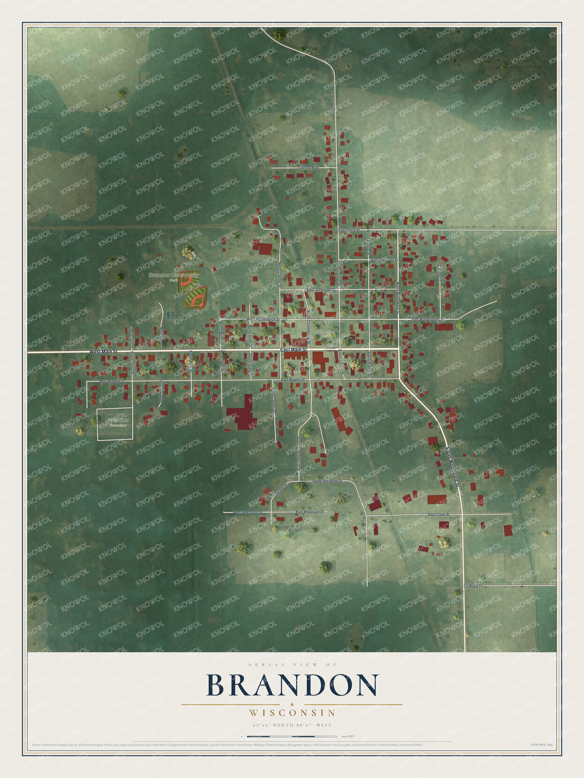 Full map of Brandon, Wisconsin, with red buildings, printed street names and the land around them