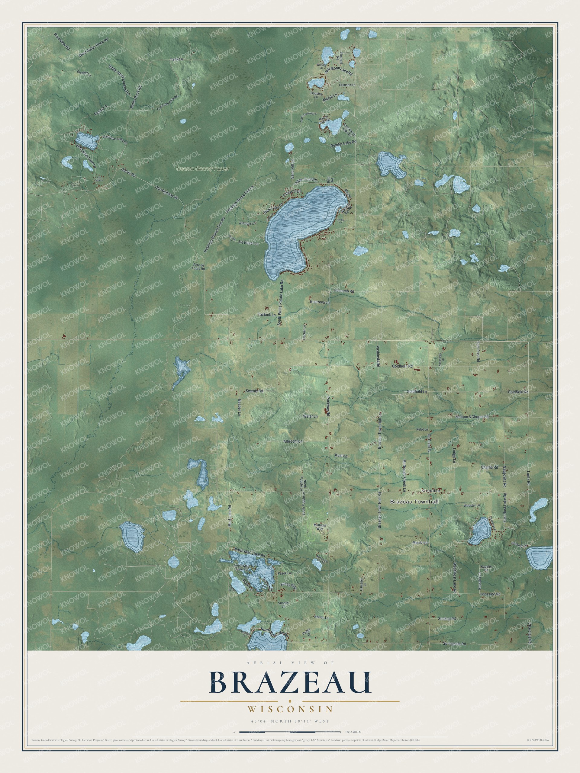 Full map of Brazeau, Wisconsin, with red buildings, printed street names and the land around them