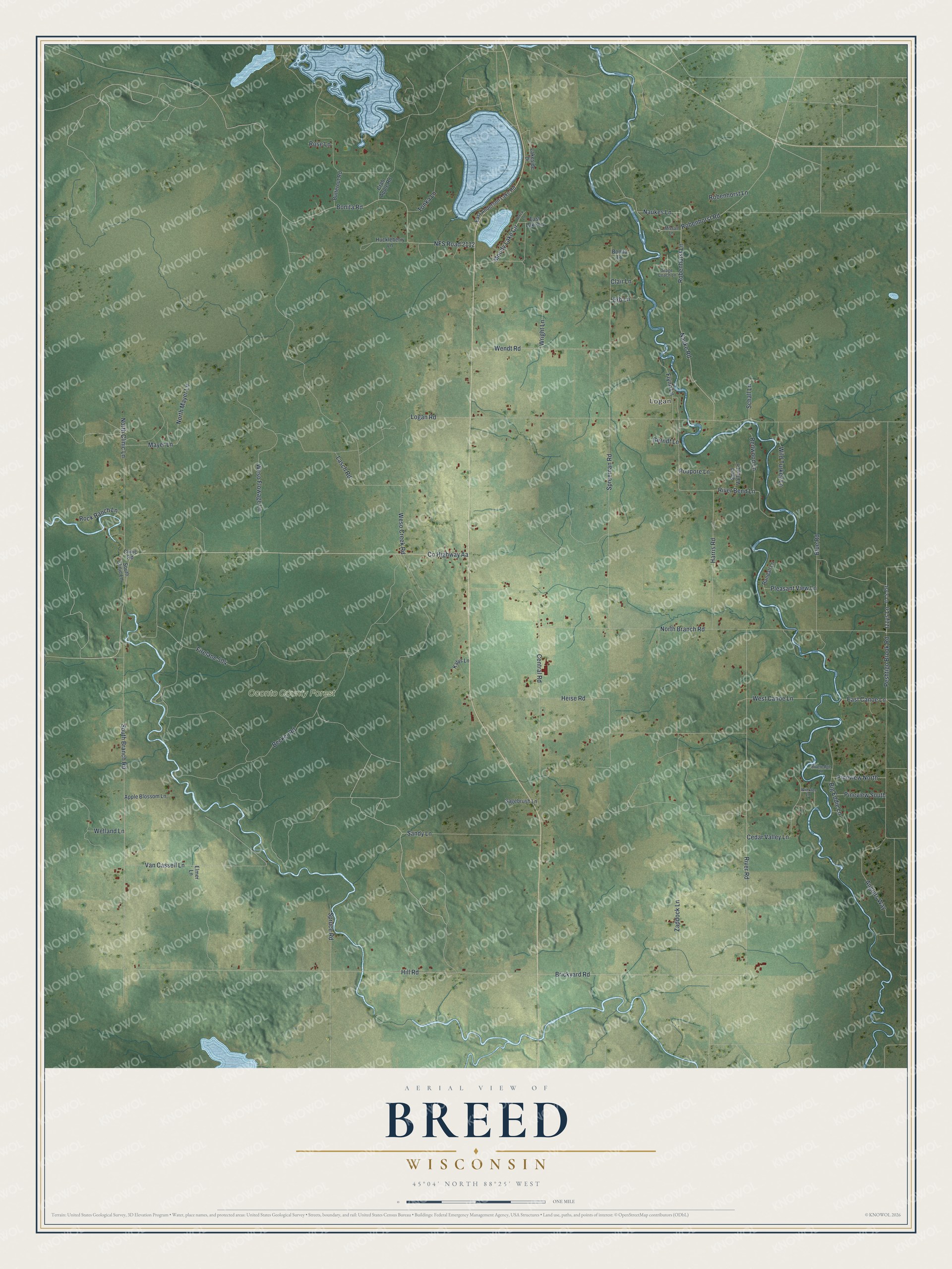 Full map of Breed, Wisconsin, with red buildings, printed street names and the land around them