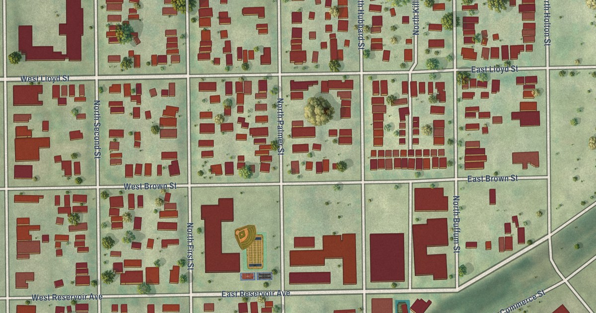 Close-up of streets and buildings in Brewers Hill, Wisconsin