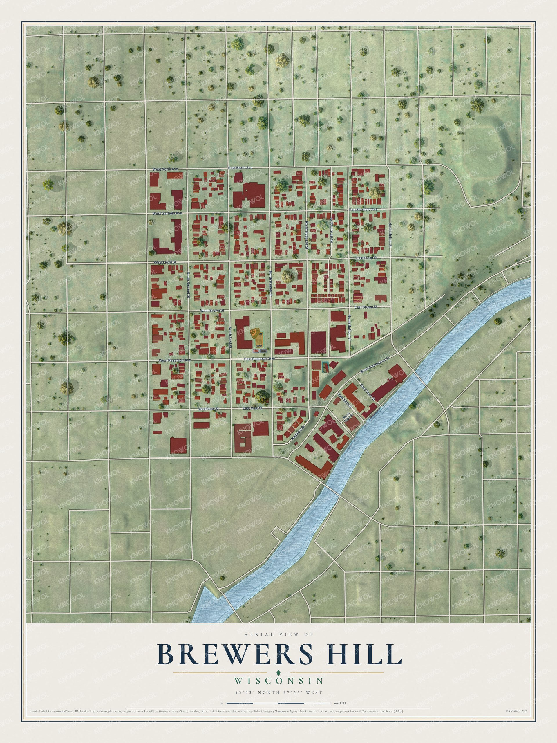 Full map of Brewers Hill, Wisconsin, with red buildings, printed street names and the land around them