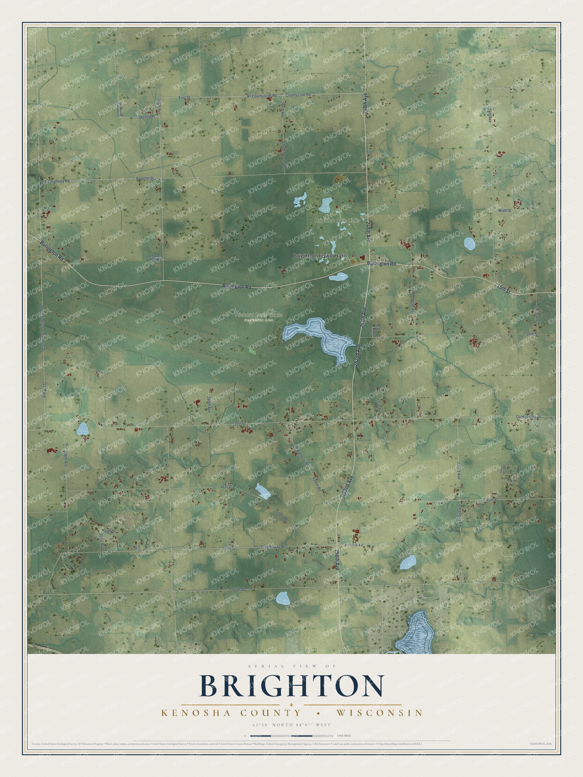 Full map of Brighton, Wisconsin, with red buildings, printed street names and the land around them