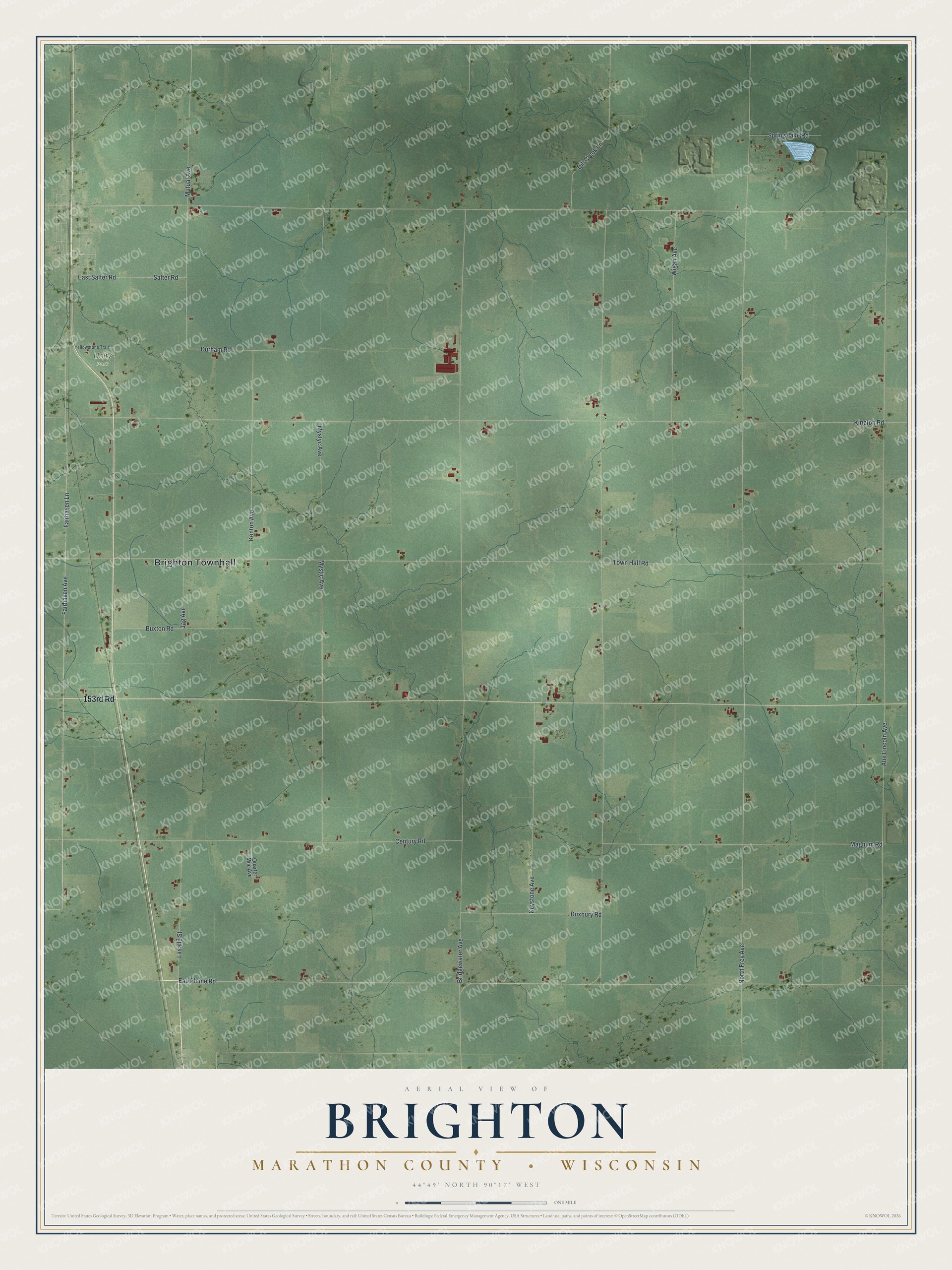 Full map of Brighton, Wisconsin, with red buildings, printed street names and the land around them