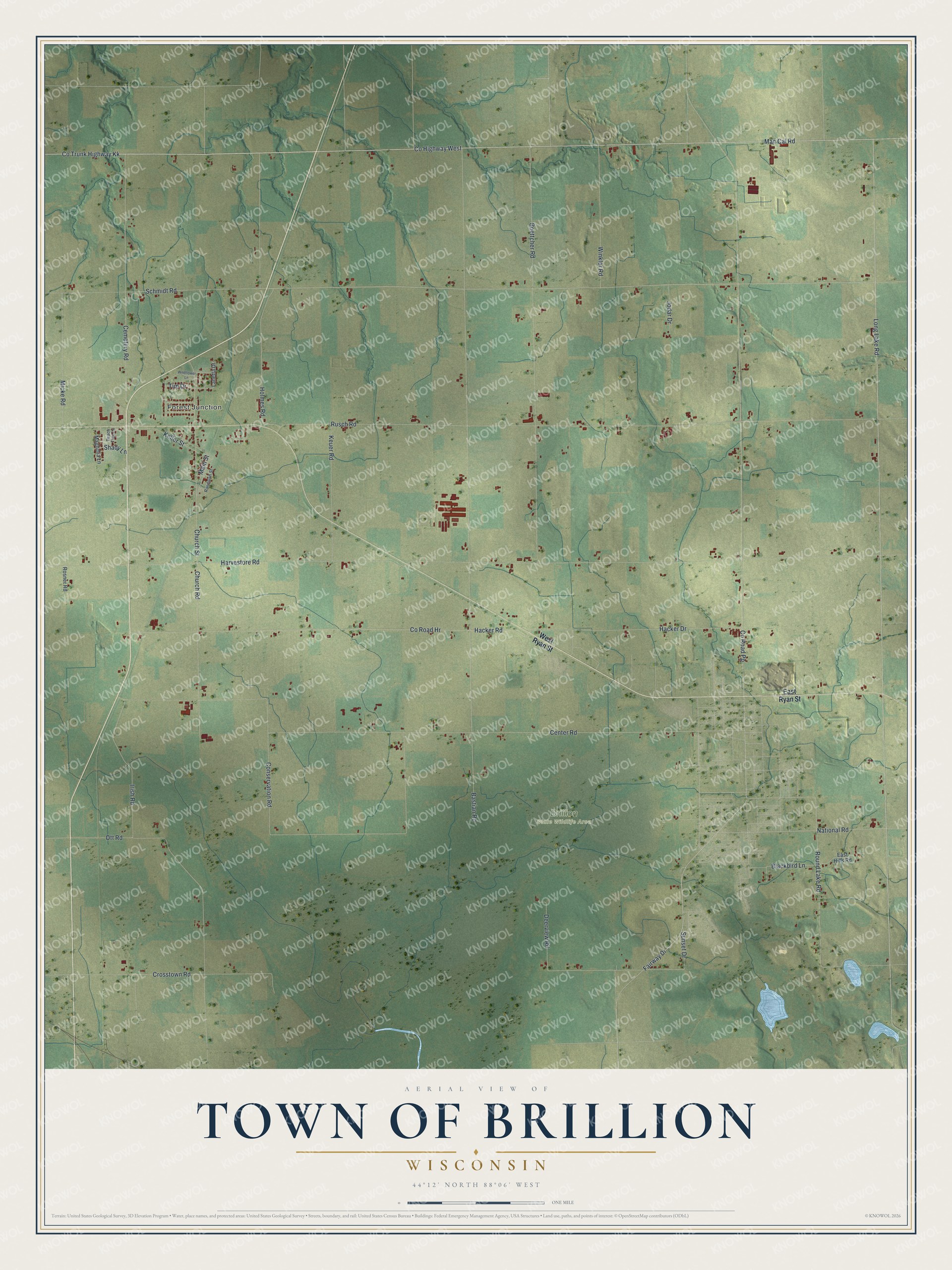 Full map of Brillion, Wisconsin, with red buildings, printed street names and the land around them