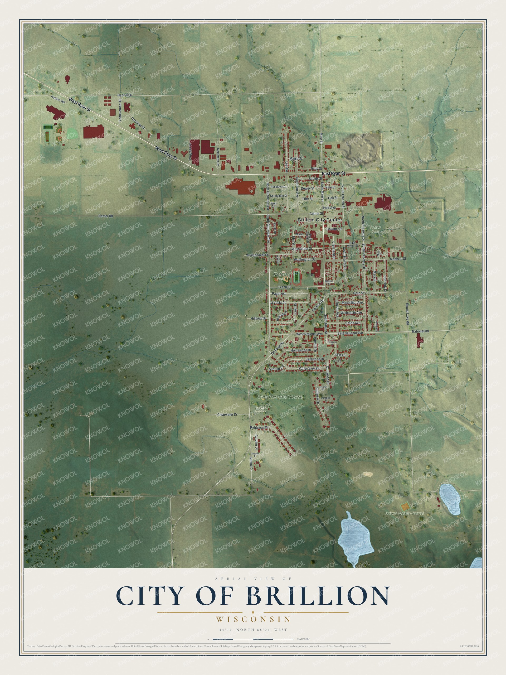 Full map of Brillion, Wisconsin, with red buildings, printed street names and the land around them