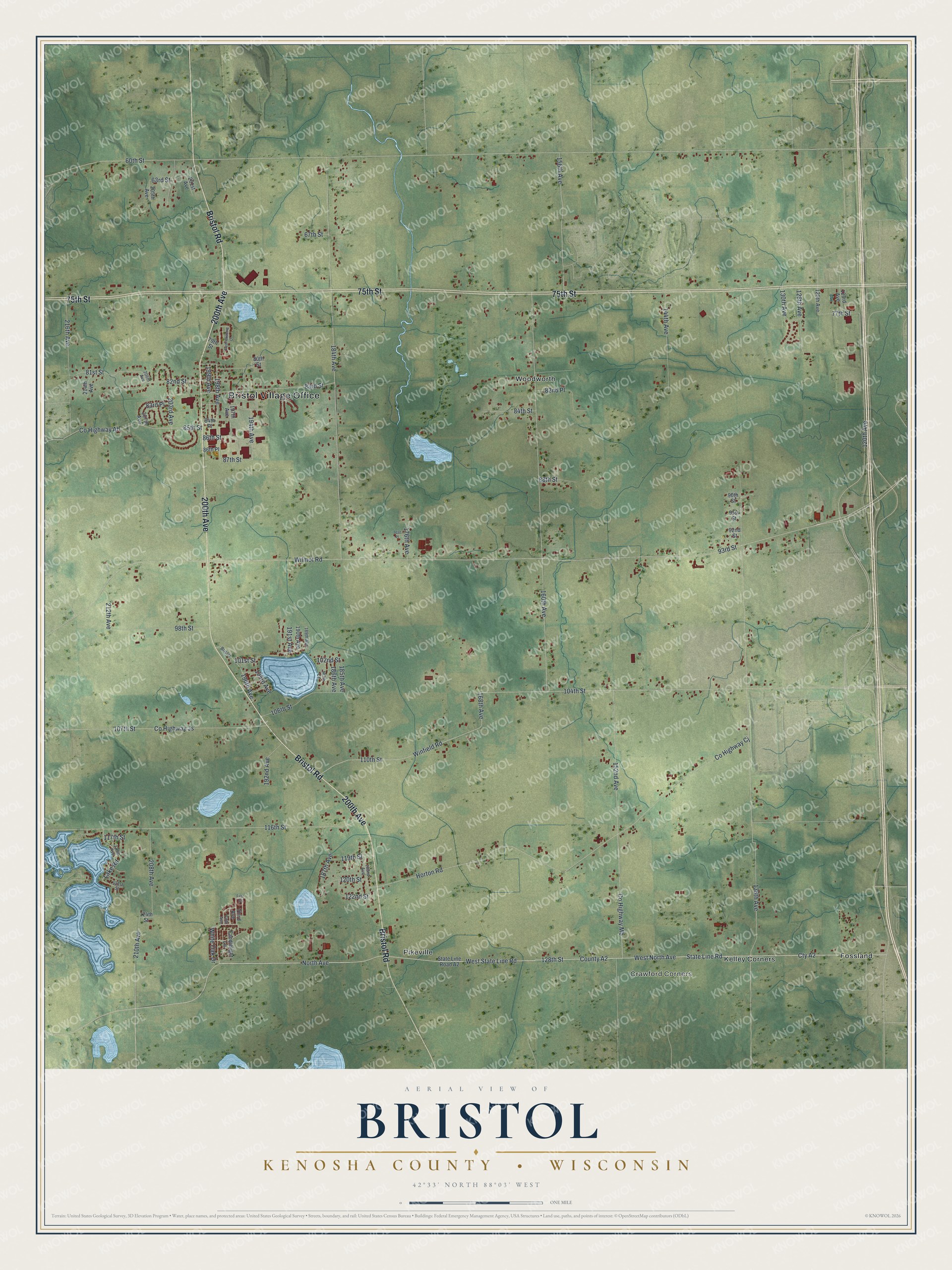 Full map of Bristol, Wisconsin, with red buildings, printed street names and the land around them