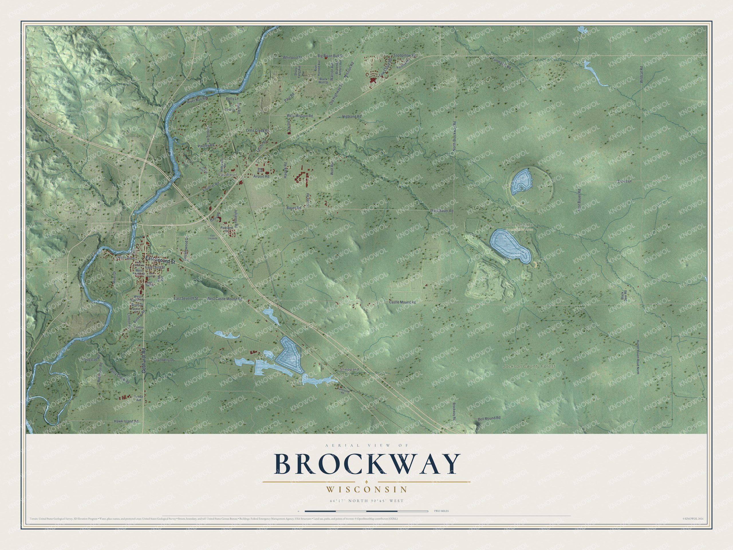 Full map of Brockway, Wisconsin, with red buildings, printed street names and the land around them