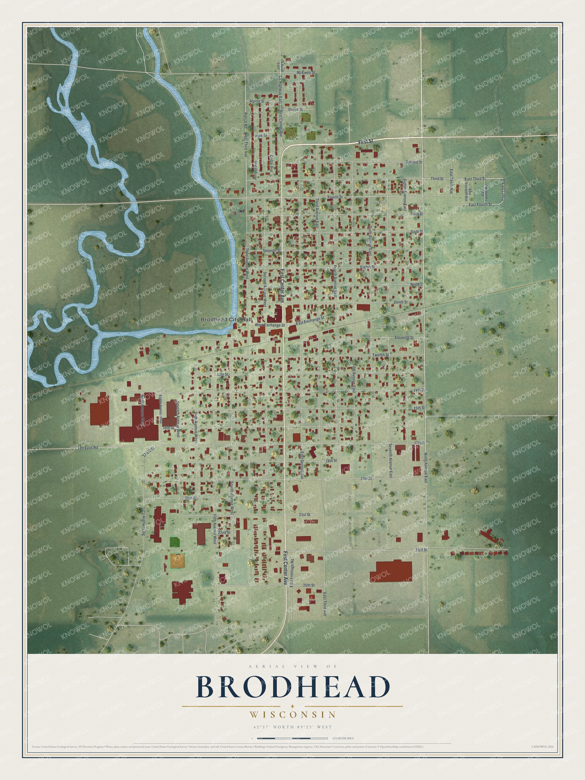 Full map of Brodhead, Wisconsin, with red buildings, printed street names and the land around them