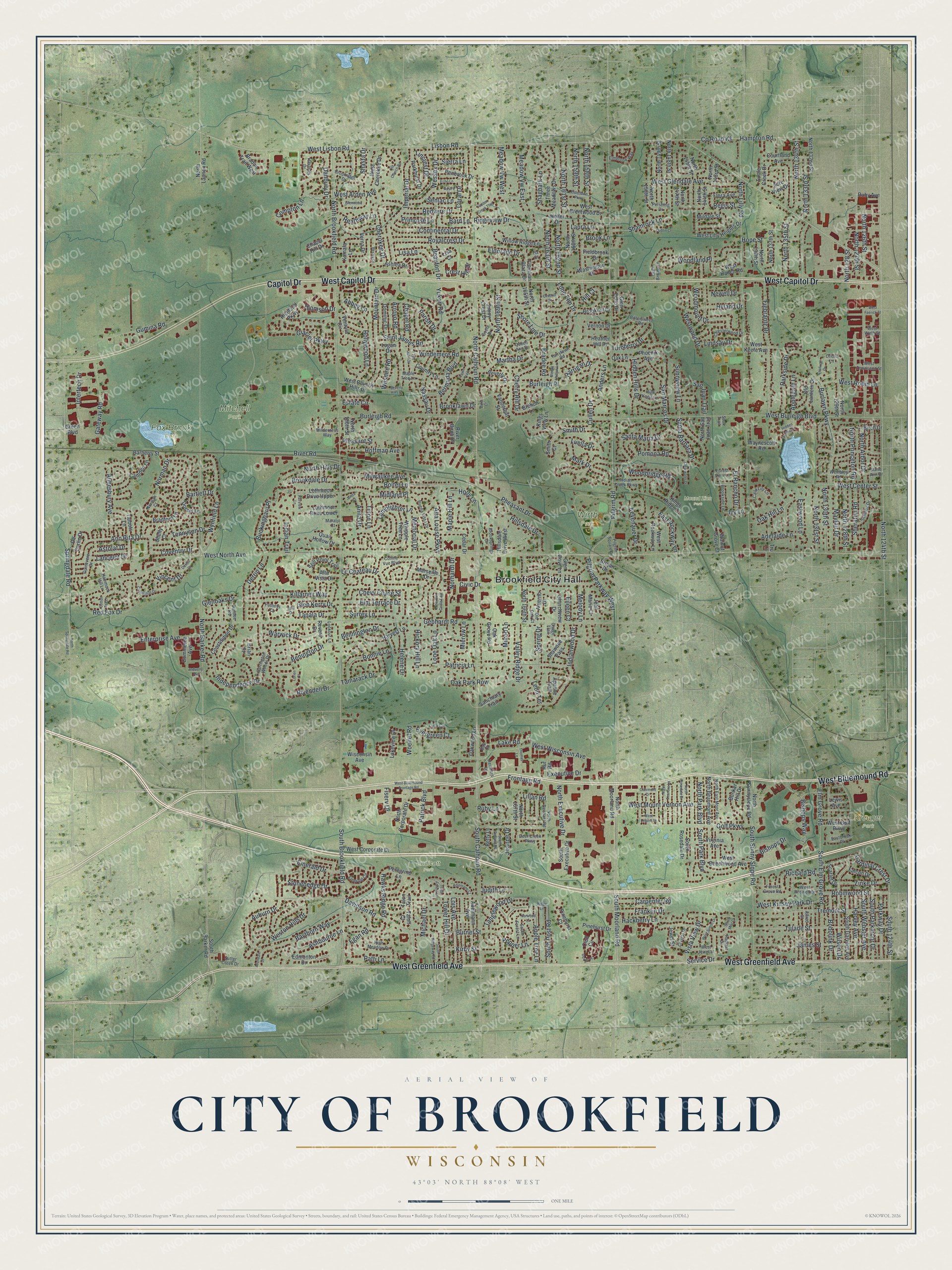 Full map of Brookfield, Wisconsin, with red buildings, printed street names and the land around them