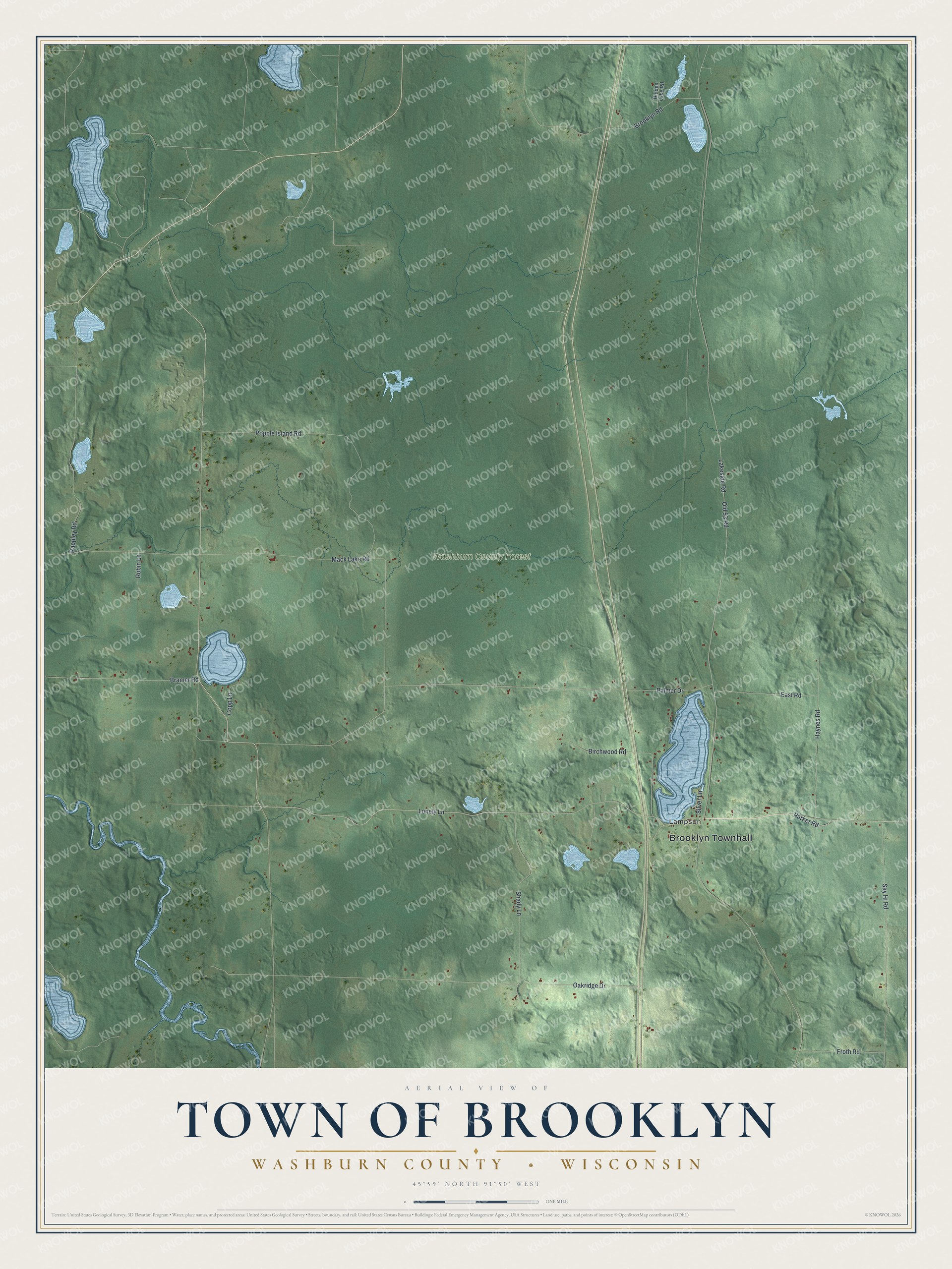 Full map of Brooklyn, Wisconsin, with red buildings, printed street names and the land around them