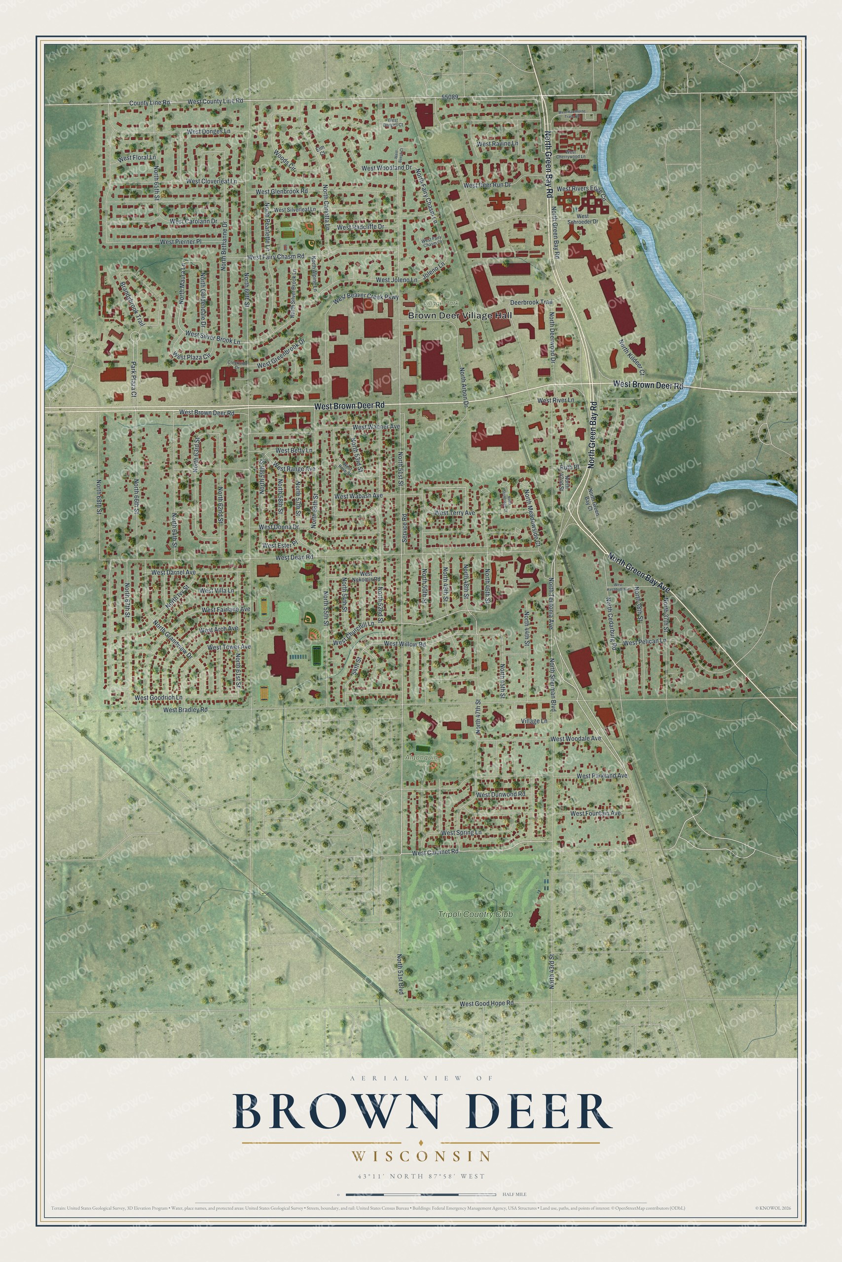 Full map of Brown Deer, Wisconsin, with red buildings, printed street names and the land around them