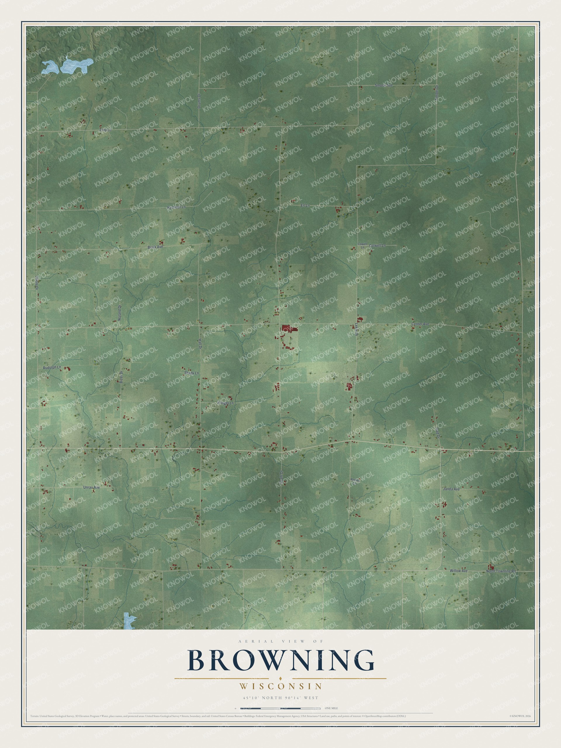 Full map of Browning, Wisconsin, with red buildings, printed street names and the land around them