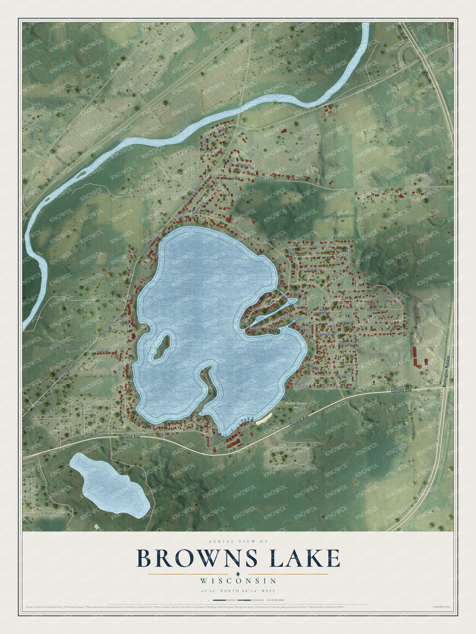 Full map of Browns Lake, Wisconsin, with red buildings, printed street names and the land around them