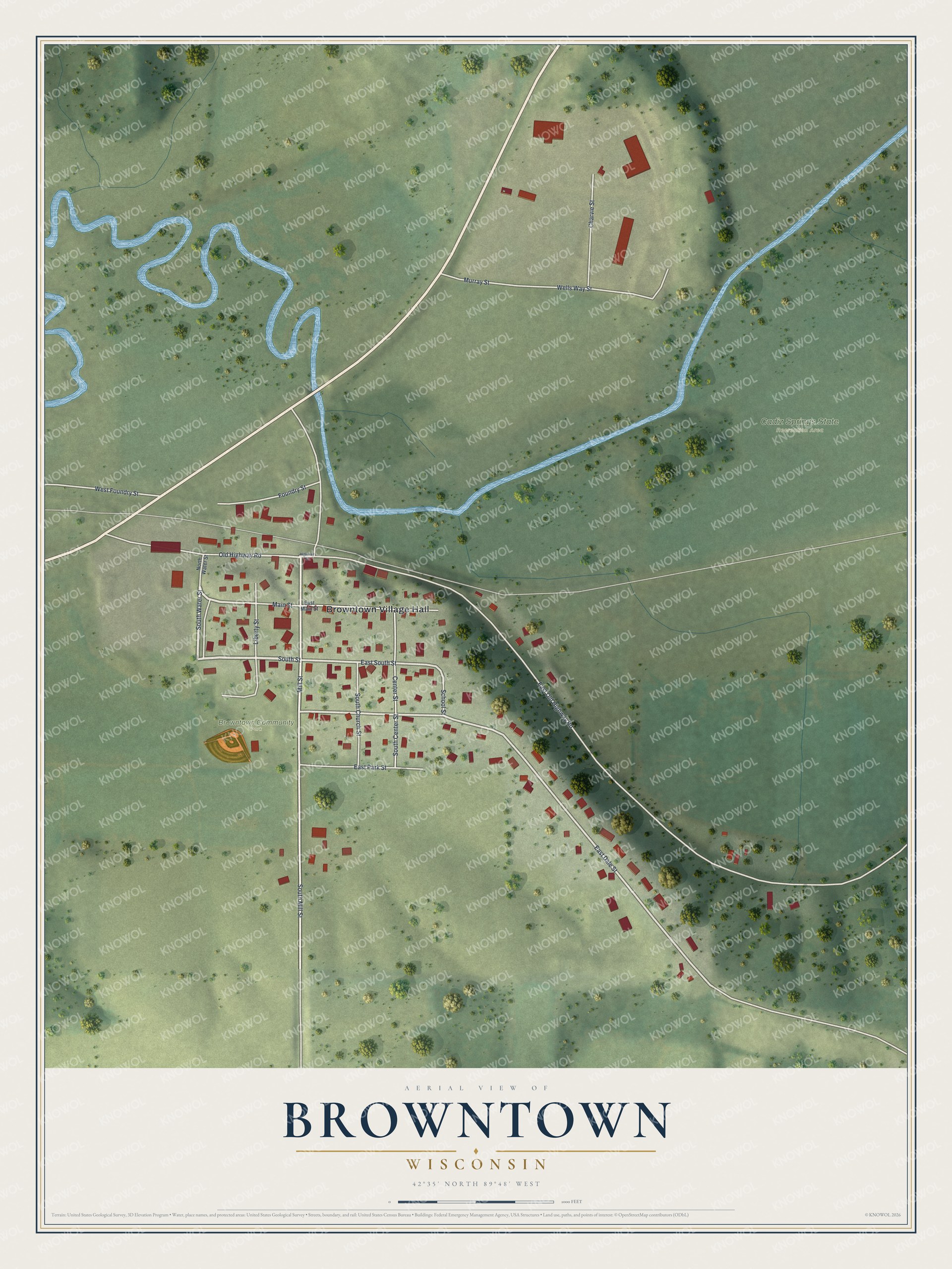 Full map of Browntown, Wisconsin, with red buildings, printed street names and the land around them