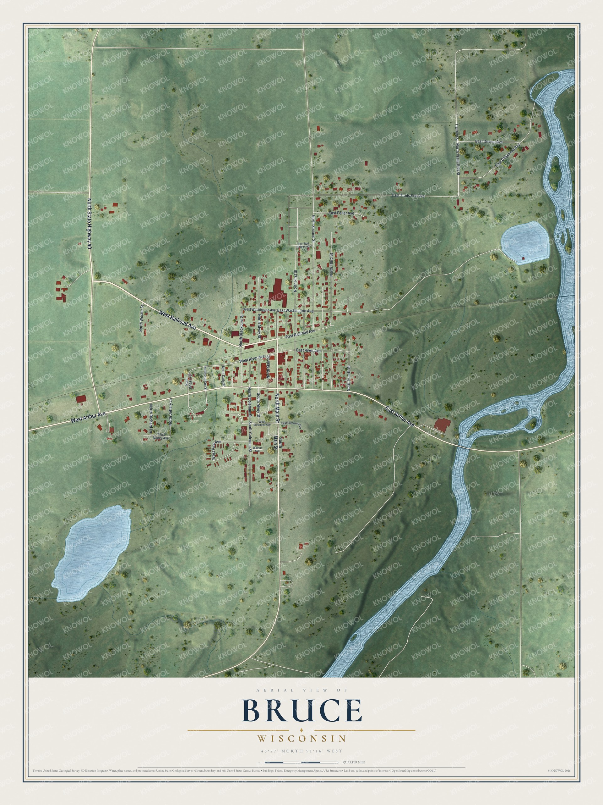 Full map of Bruce, Wisconsin, with red buildings, printed street names and the land around them
