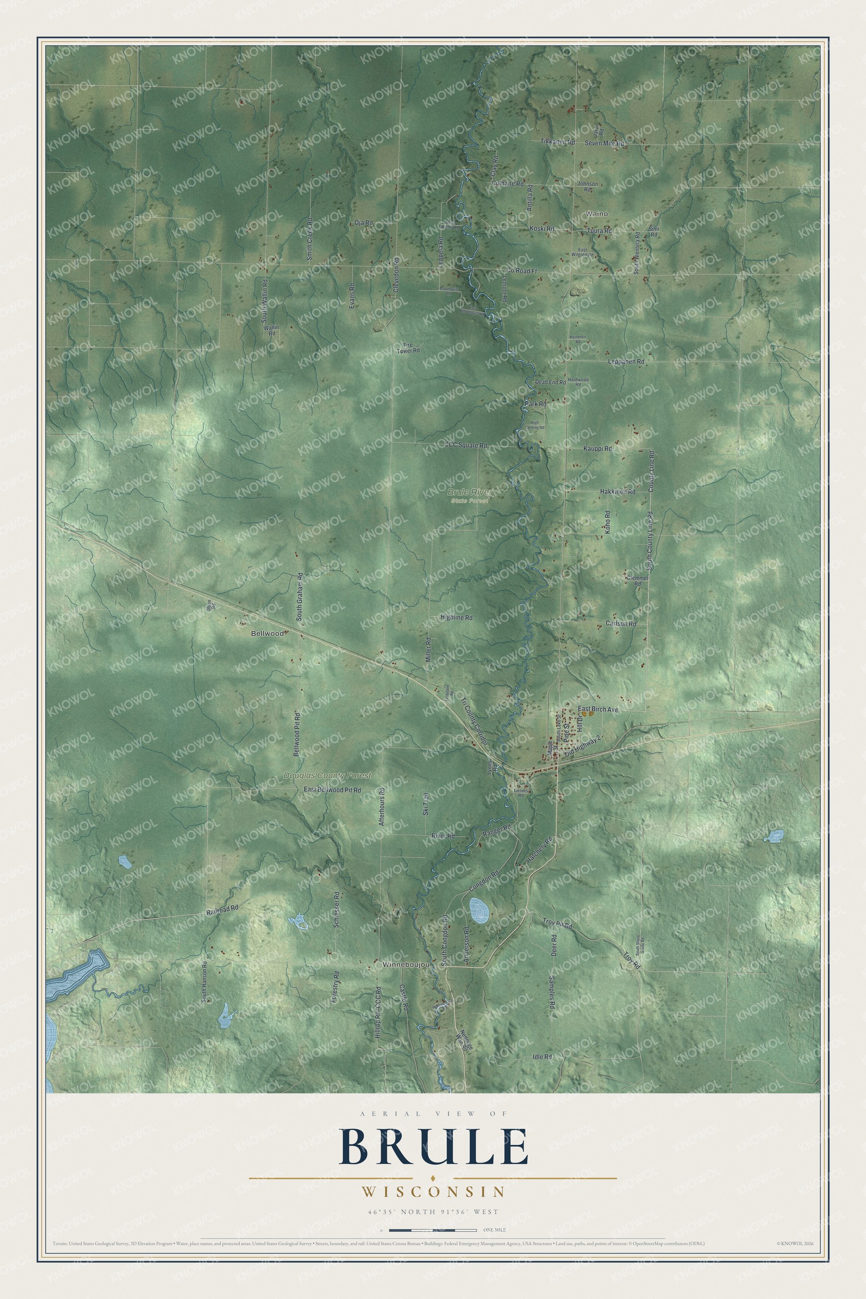Full map of Brule, Wisconsin, with red buildings, printed street names and the land around them