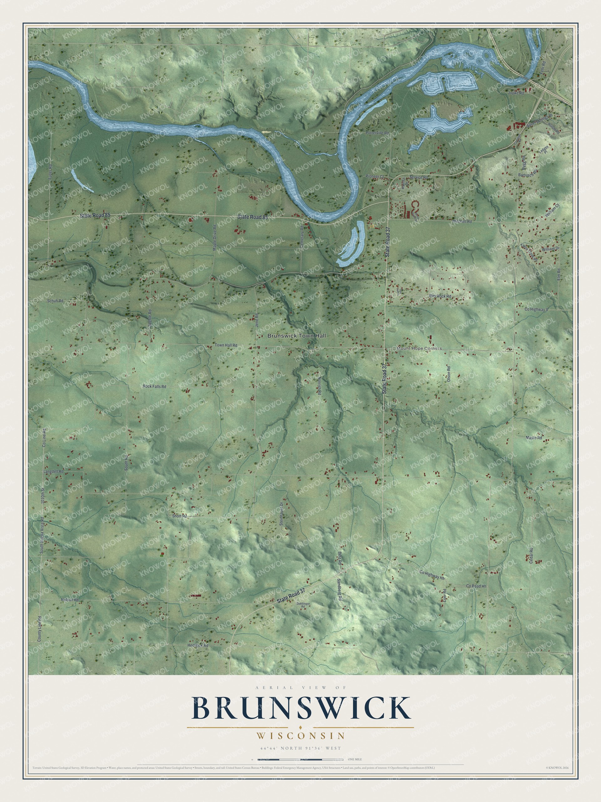 Full map of Brunswick, Wisconsin, with red buildings, printed street names and the land around them