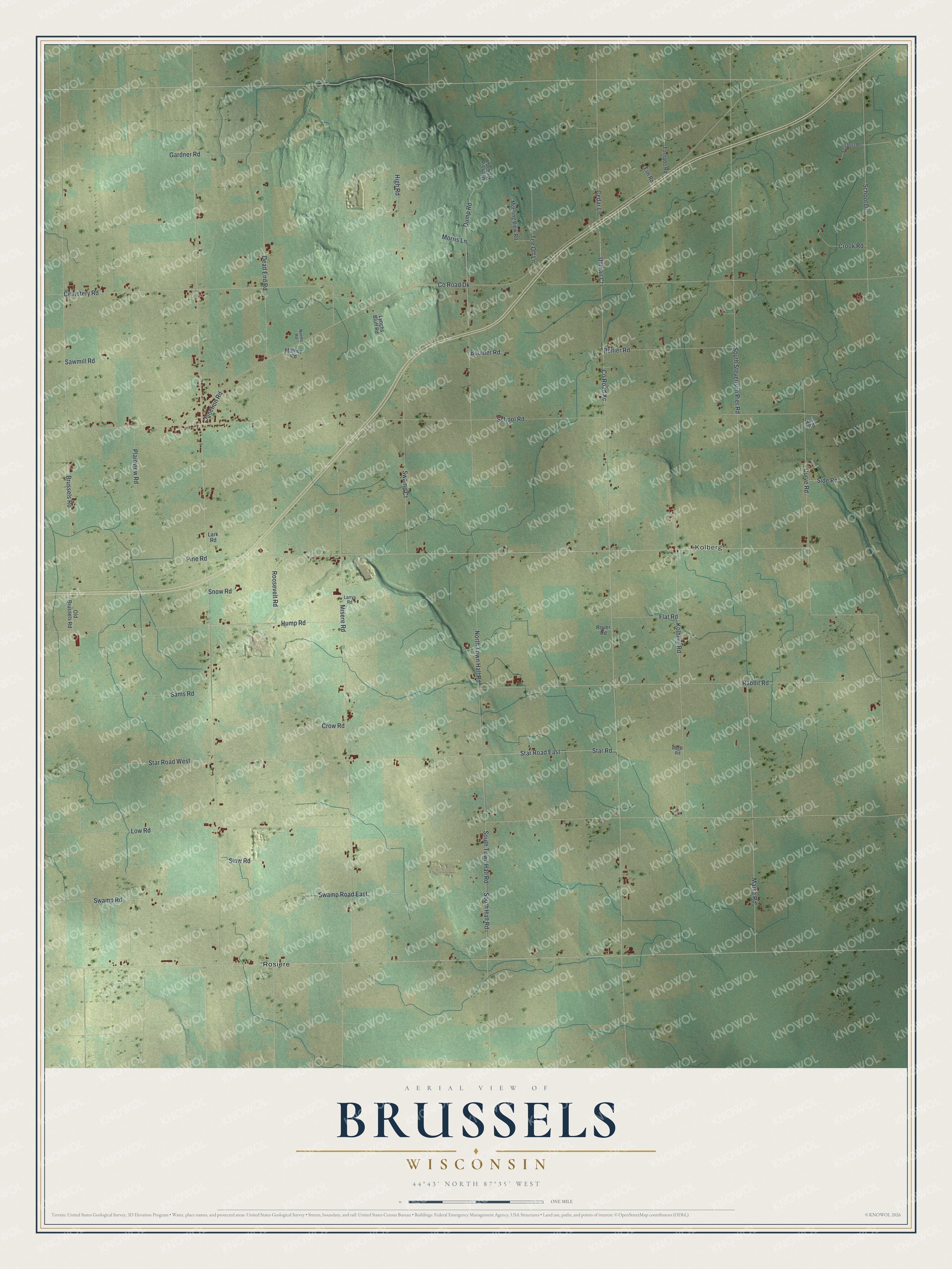 Full map of Brussels, Wisconsin, with red buildings, printed street names and the land around them