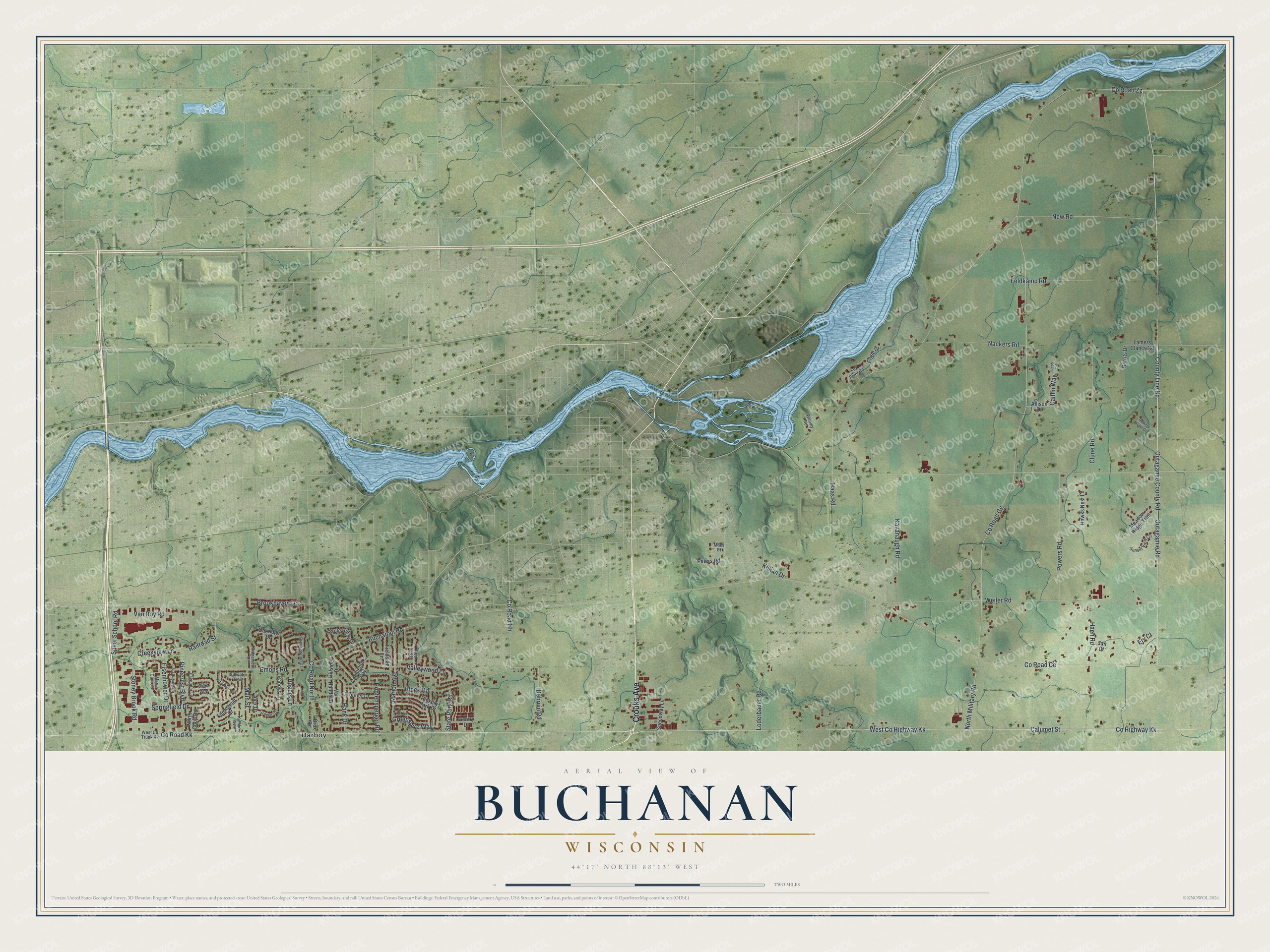Full map of Buchanan, Wisconsin, with red buildings, printed street names and the land around them
