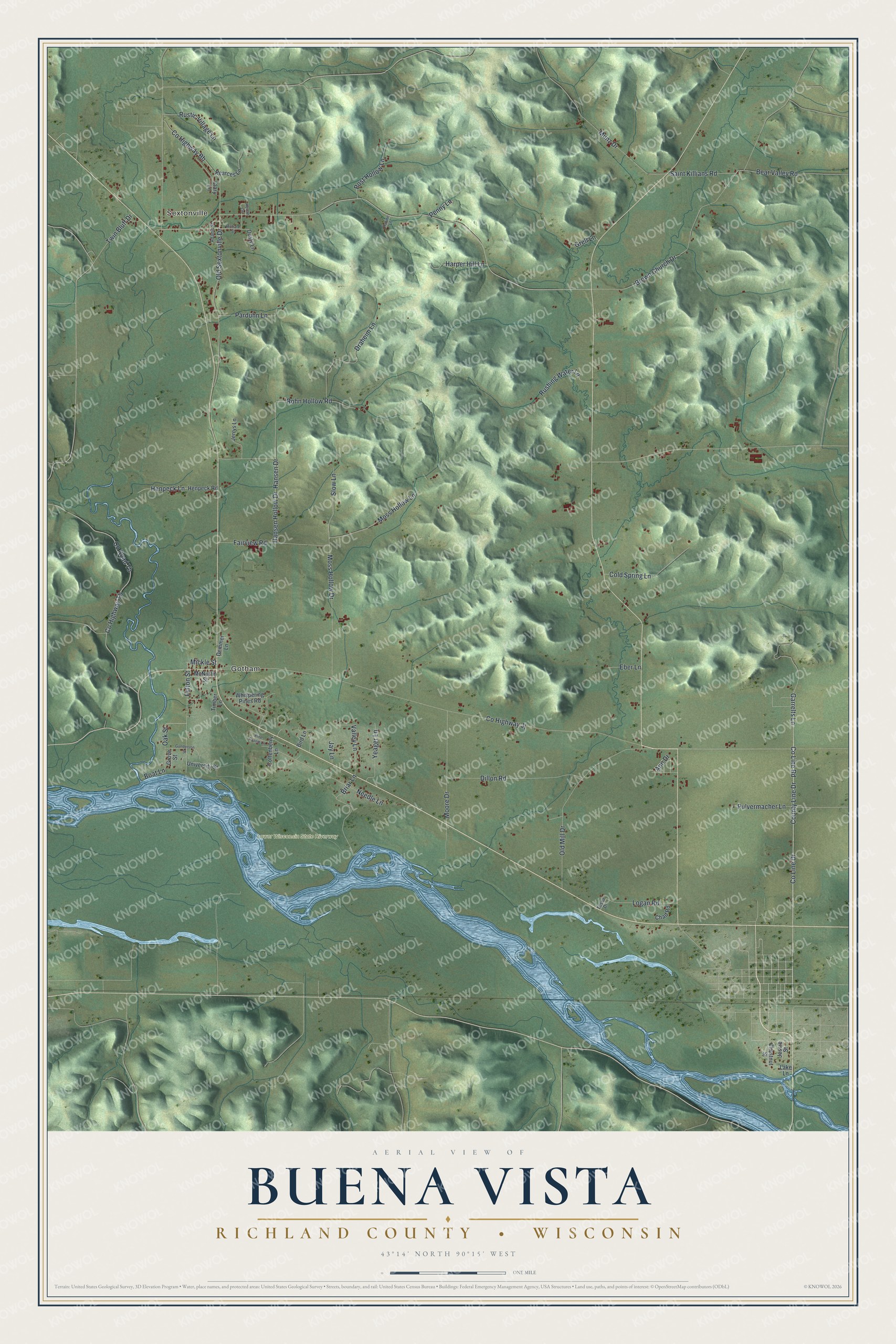 Full map of Buena Vista, Wisconsin, with red buildings, printed street names and the land around them