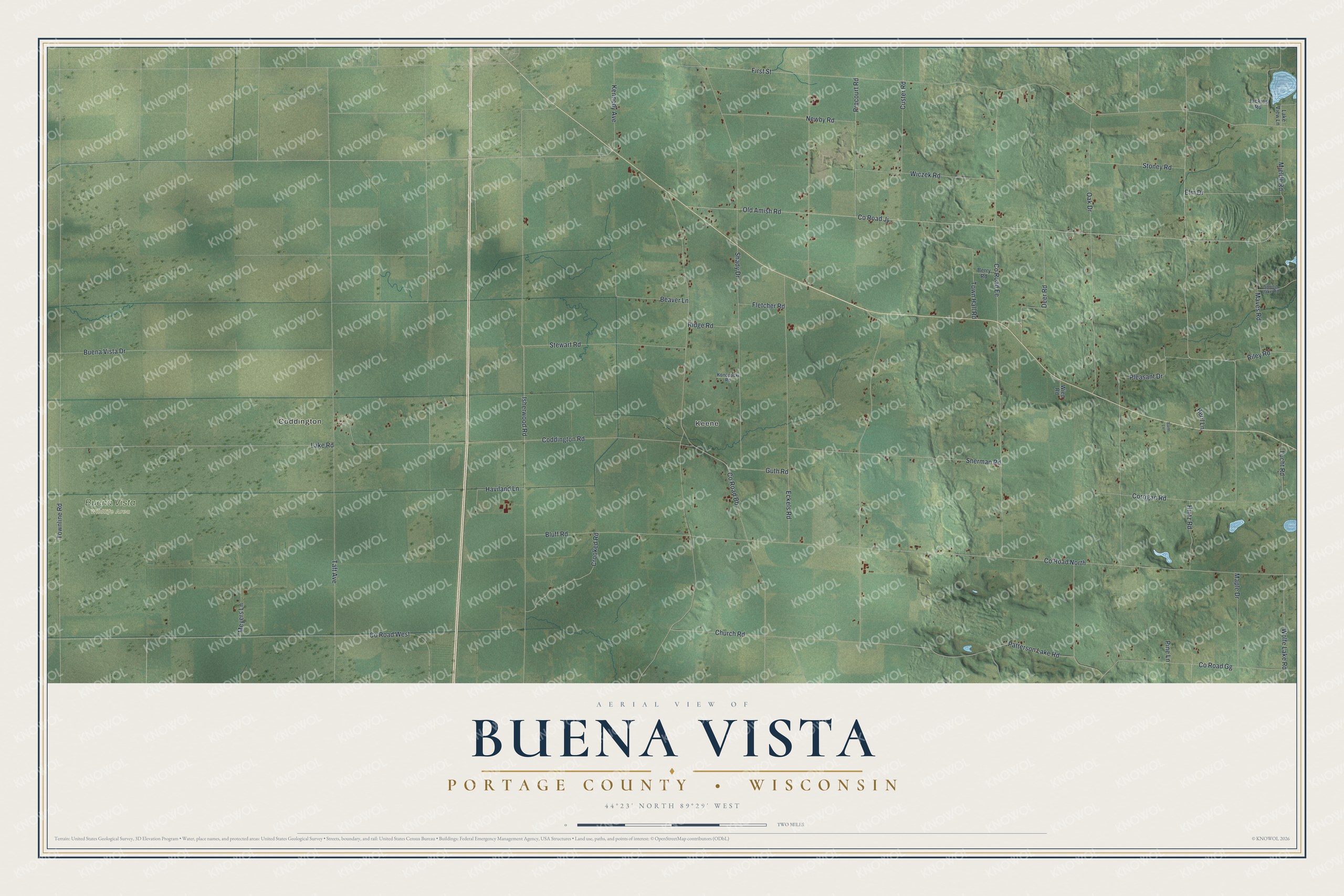 Full map of Buena Vista, Wisconsin, with red buildings, printed street names and the land around them