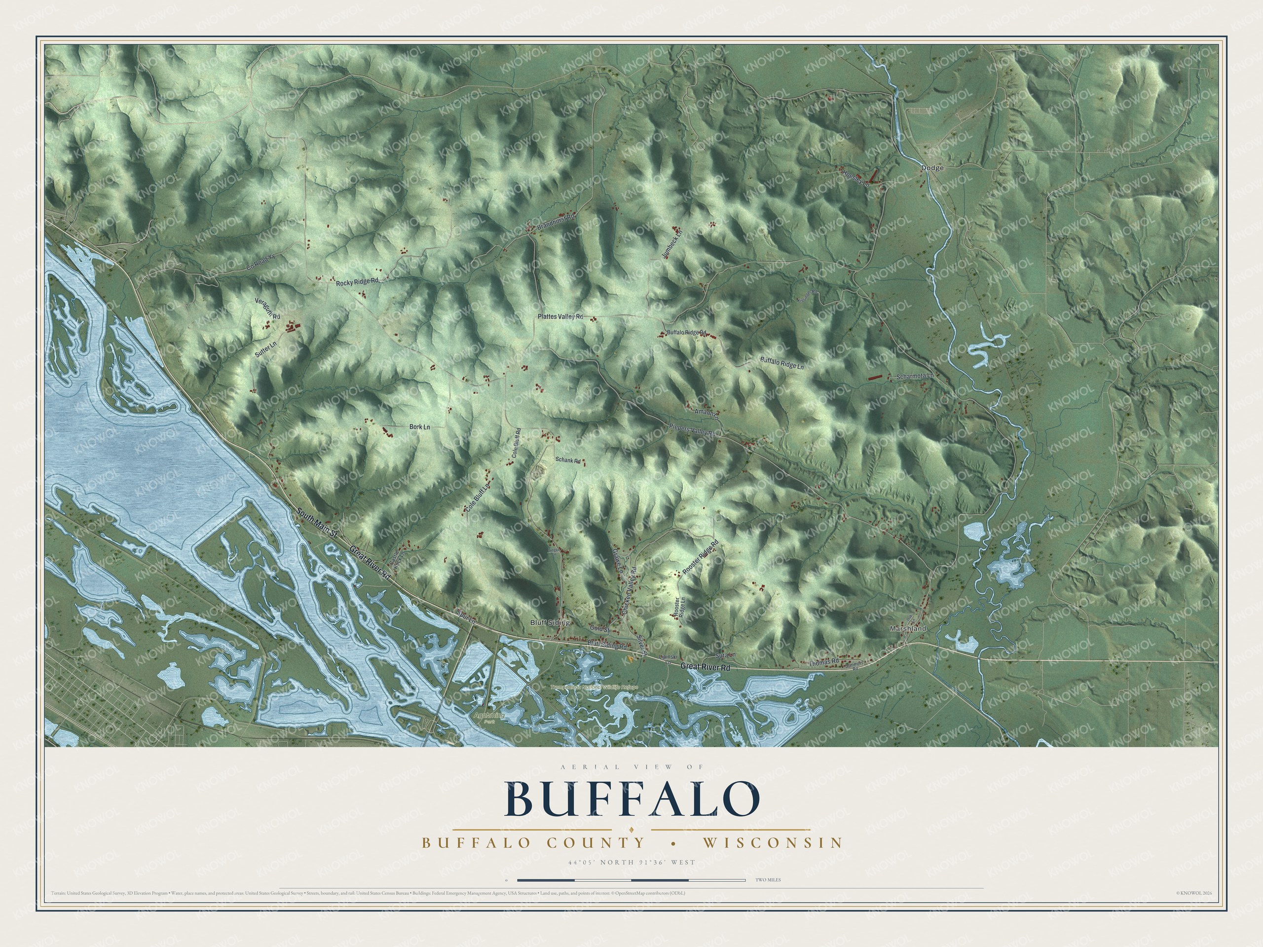 Full map of Buffalo, Wisconsin, with red buildings, printed street names and the land around them