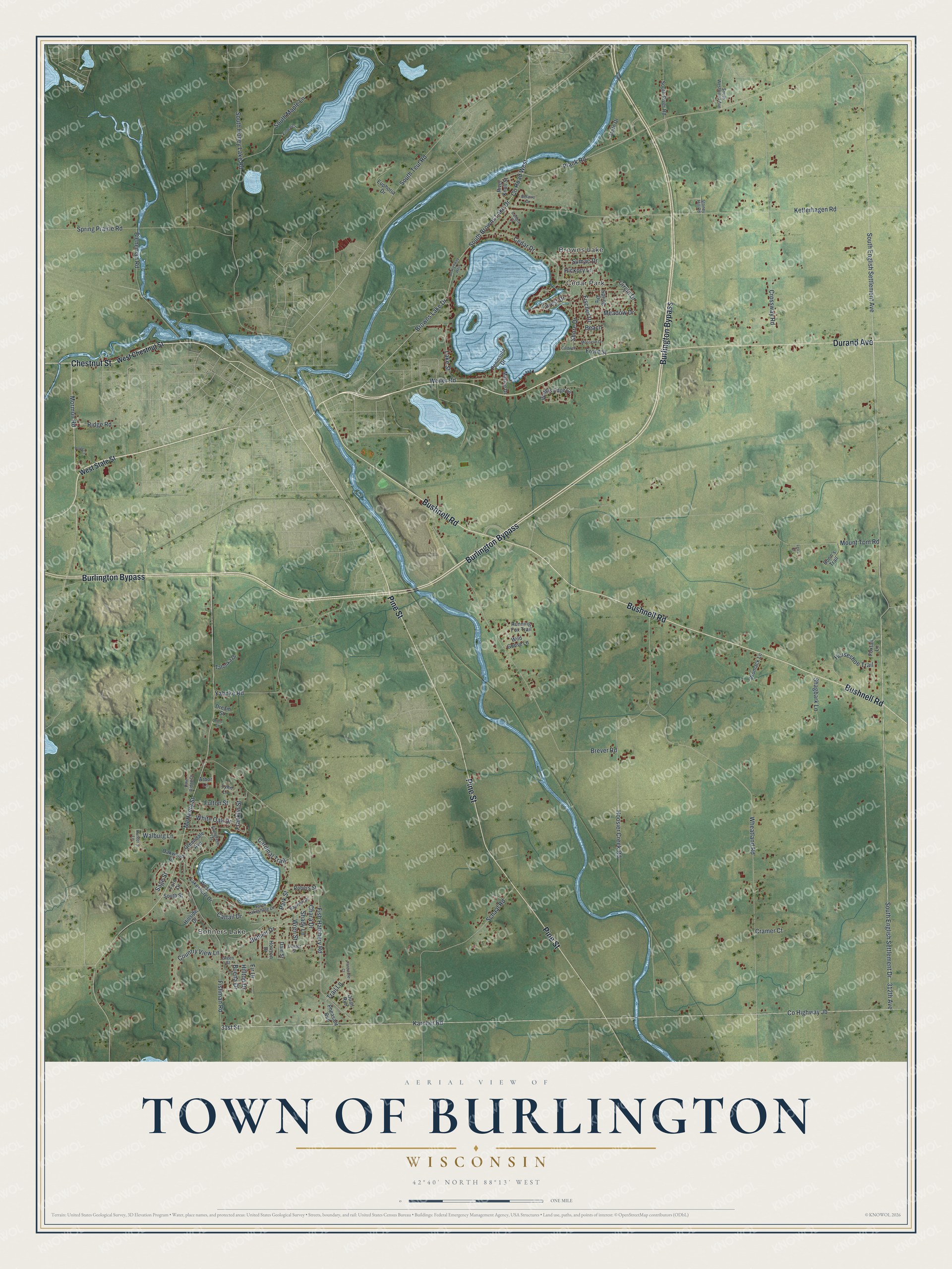 Full map of Burlington, Wisconsin, with red buildings, printed street names and the land around them